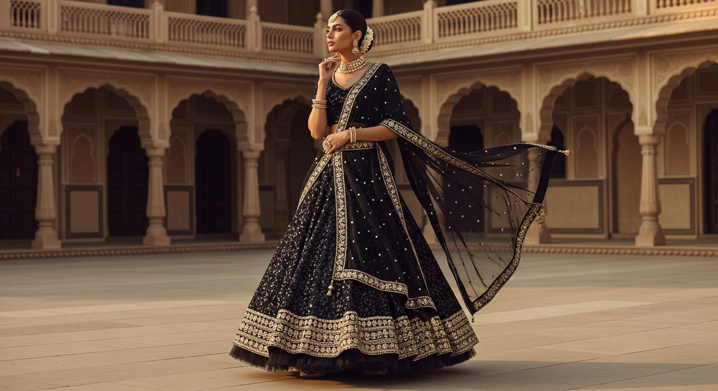 black dress for indian wedding Black floral print lehenga choli for women indian wedding wear lehenga main image 1