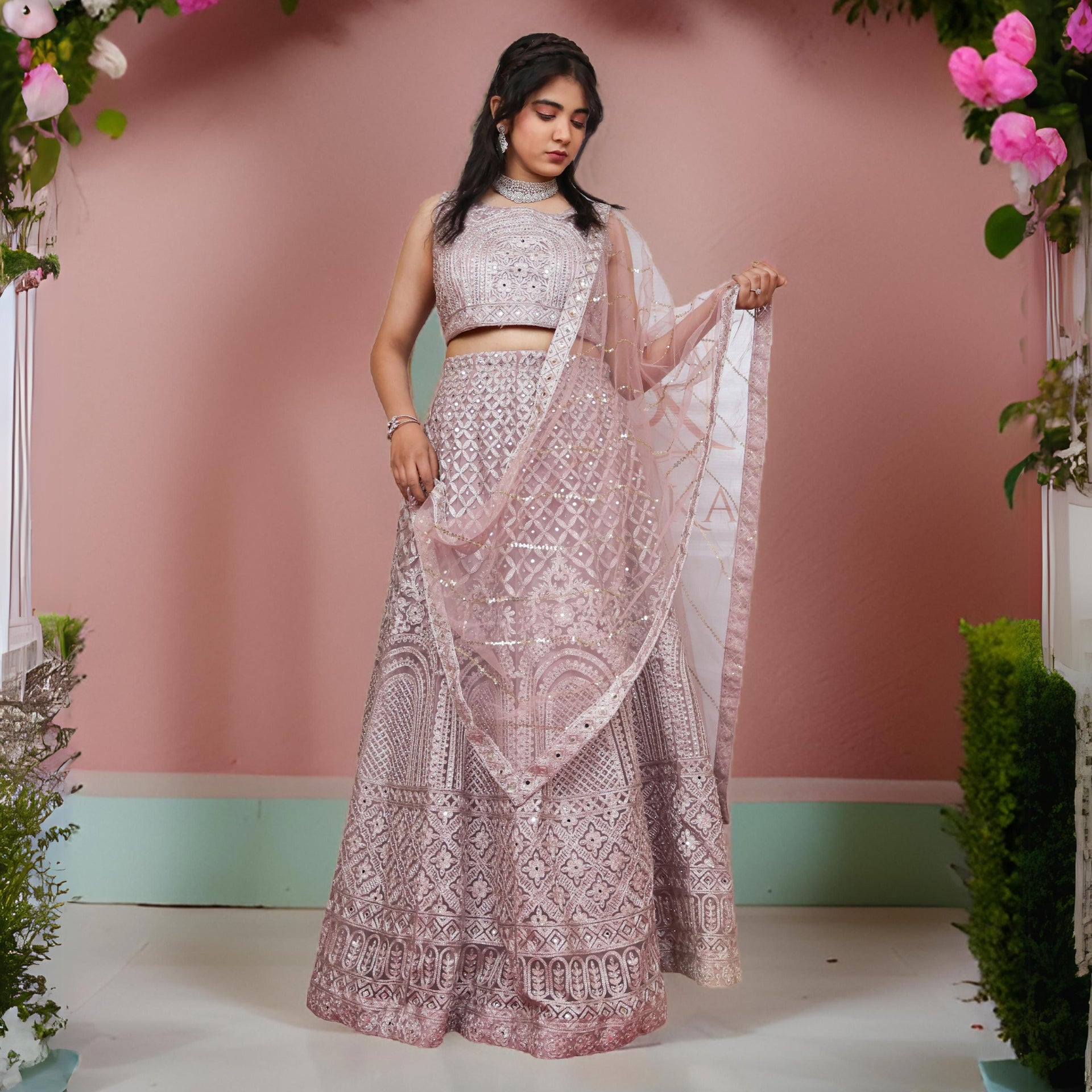 Semi-Stitched Lehenga with Embroidery & Zari Thread Work by Shreekama