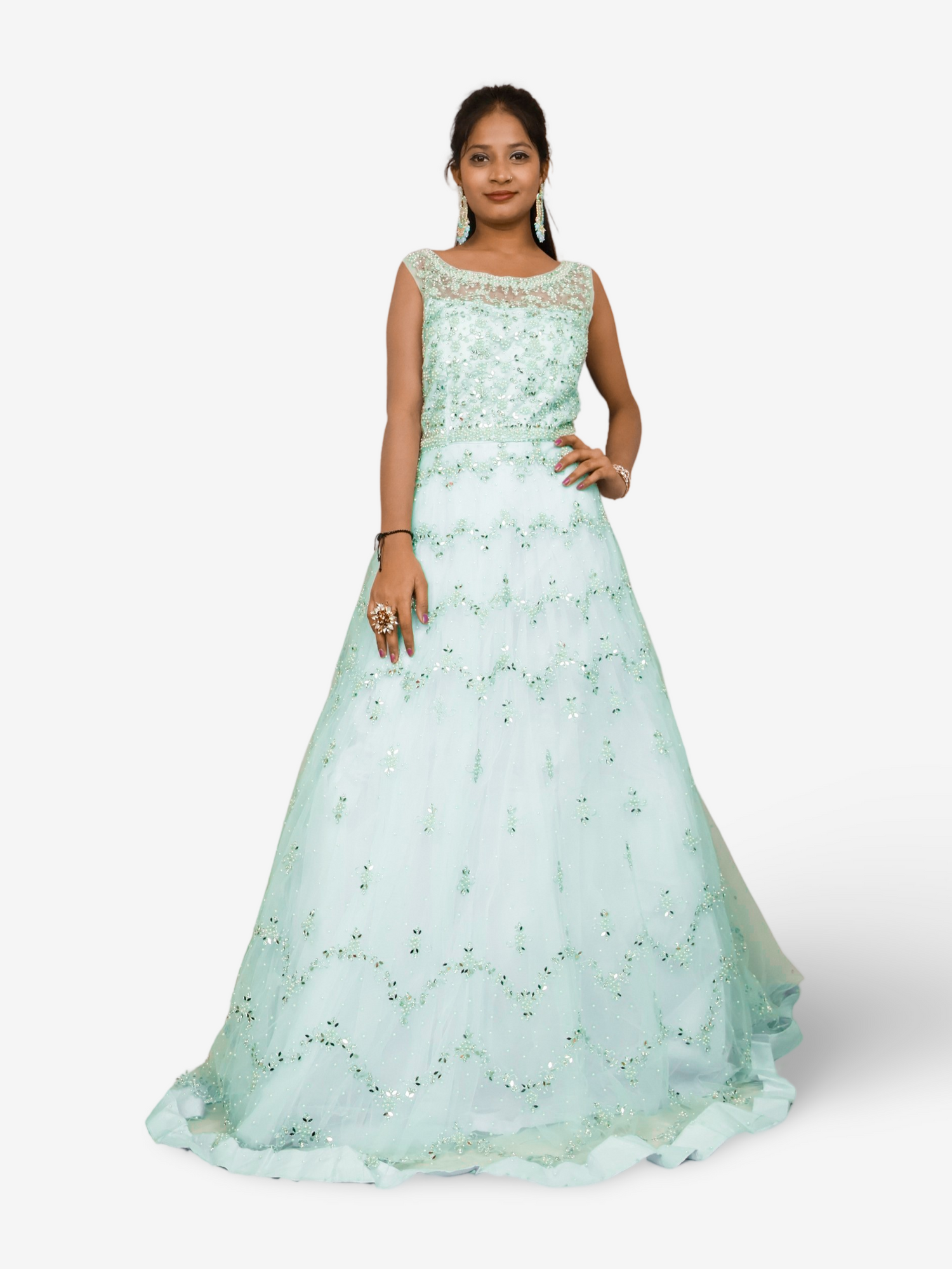 Gown with Pearls & Sequin by Shreekama Sky Blue Designer Gowns for Party Festival Wedding Occasion in Noida