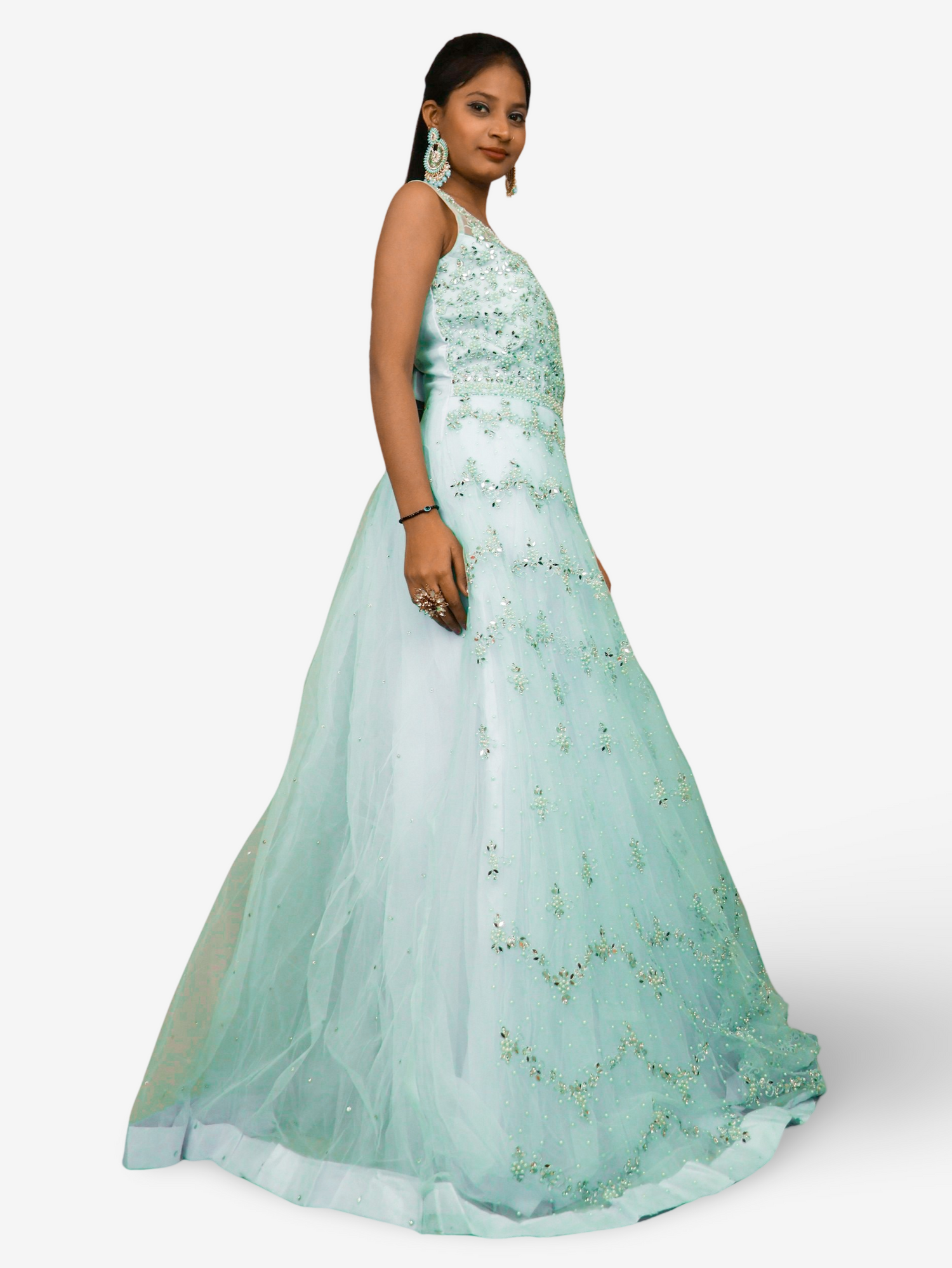 Gown with Pearls & Sequin by Shreekama Sky Blue Designer Gowns for Party Festival Wedding Occasion in Noida