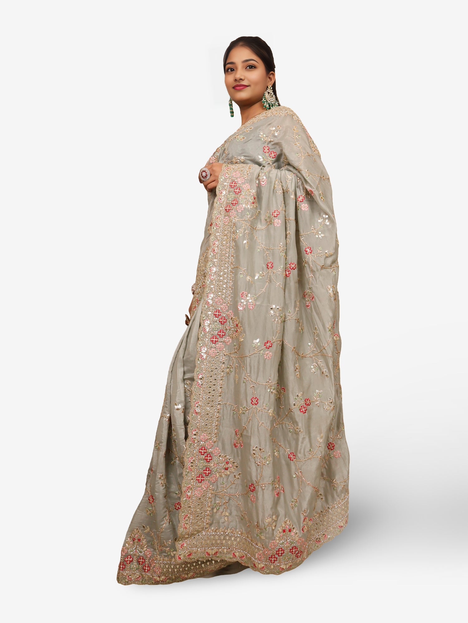 Designer Saree with Stone & Embroidery Work by Shreekama Grey Designer Sarees for Party Festival Wedding Occasion in Noida