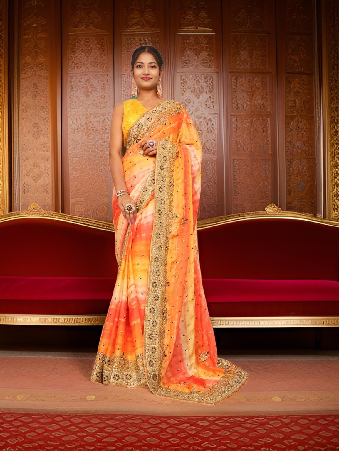 Designer Saree with Kundan & Cut Dana Work by Shreekama Orange Multi Designer Sarees for Party Festival Wedding Occasion in Noida