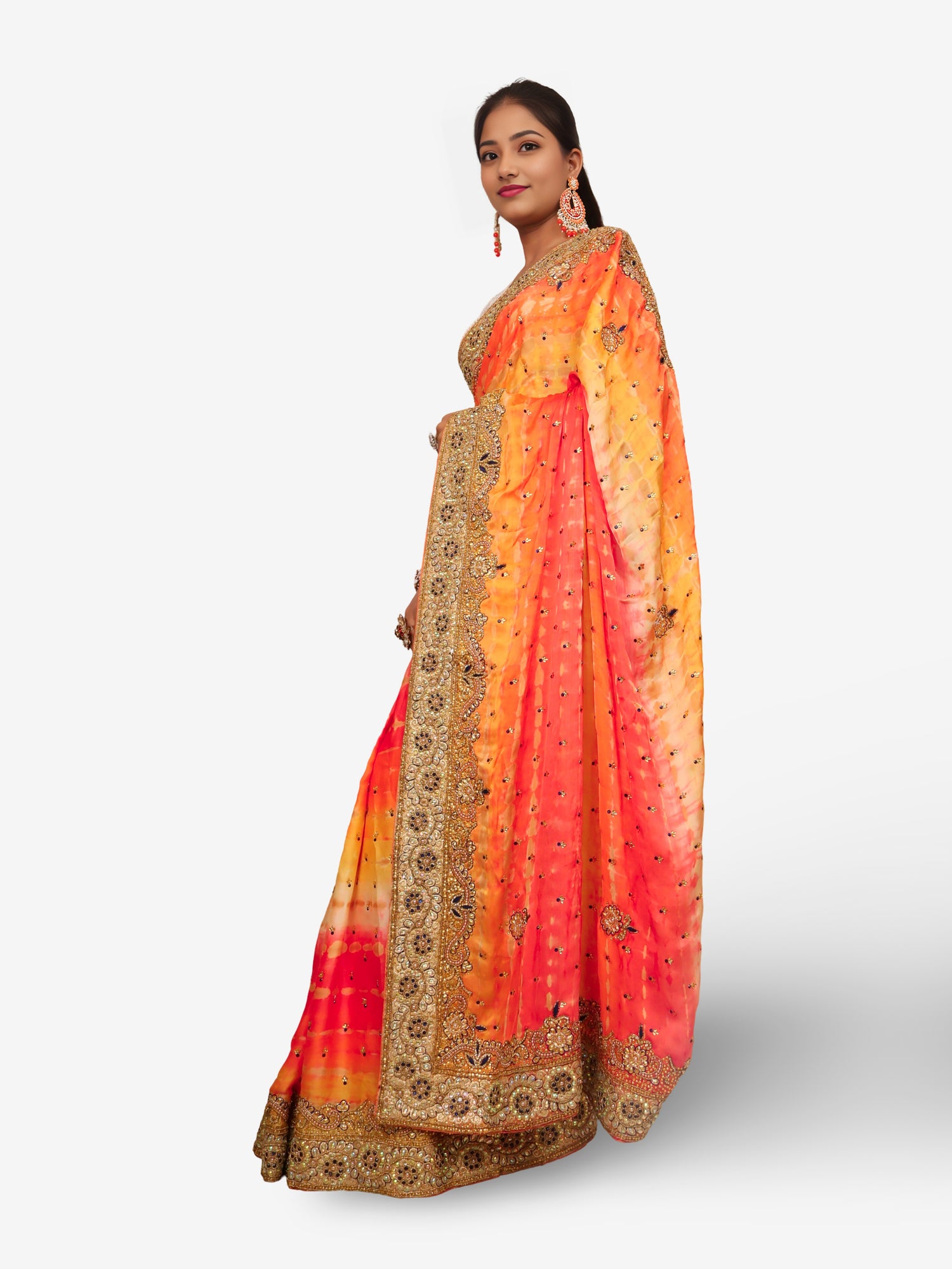 Designer Saree with Kundan & Cut Dana Work by Shreekama Orange Multi Designer Sarees for Party Festival Wedding Occasion in Noida