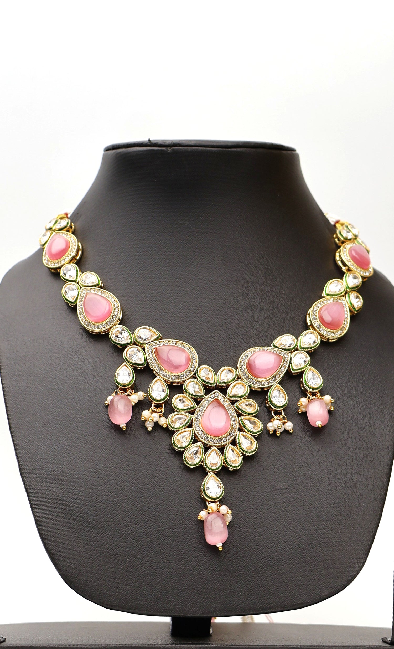 Polki and Pink Monalisa Stone Necklace with Earrings & Mang Tkka Fashion Jewelry for Party Festival Wedding Occasion in Noida