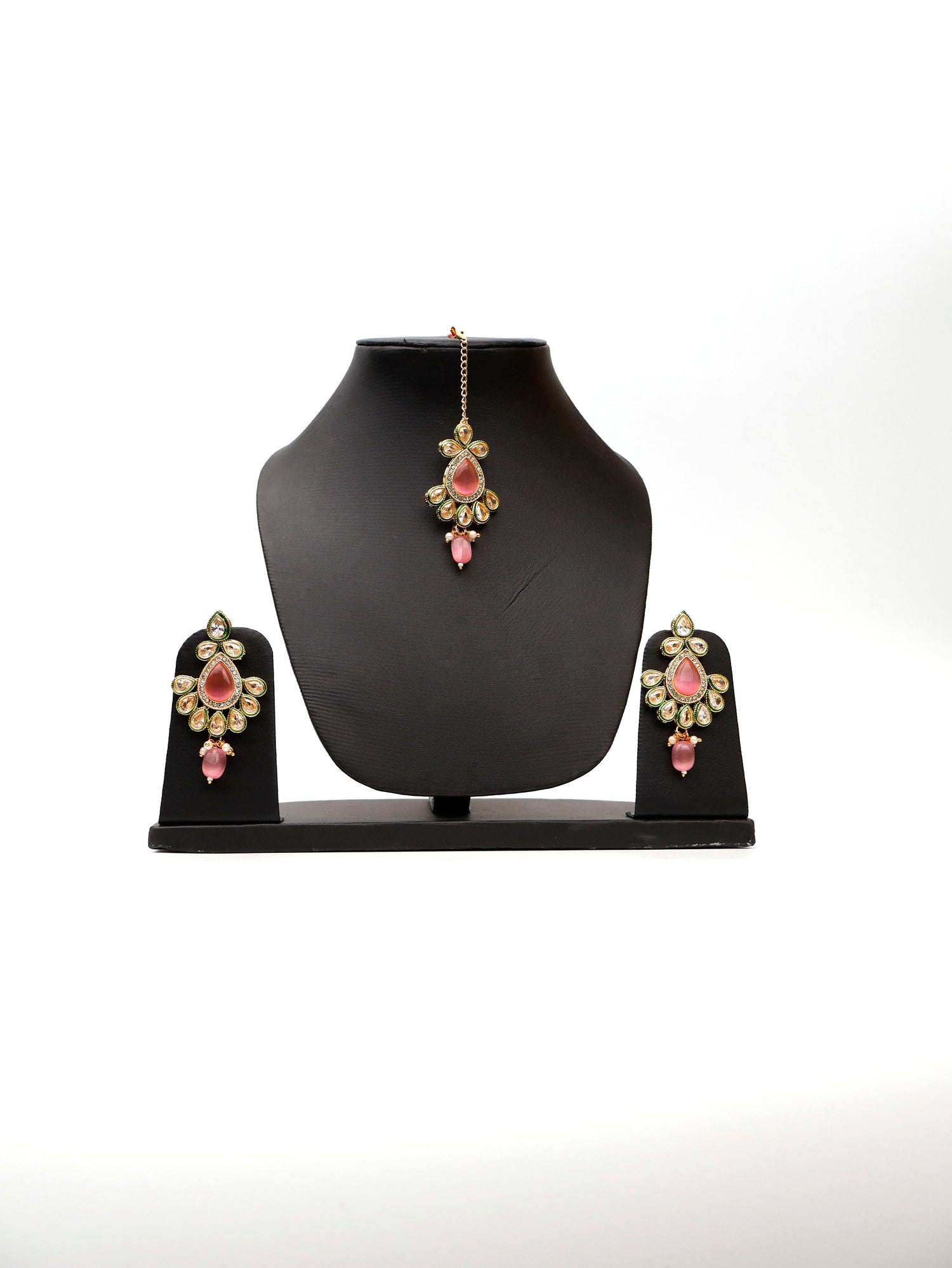 Polki and Pink Monalisa Stone Necklace with Earrings & Mang Tkka Fashion Jewelry for Party Festival Wedding Occasion in Noida