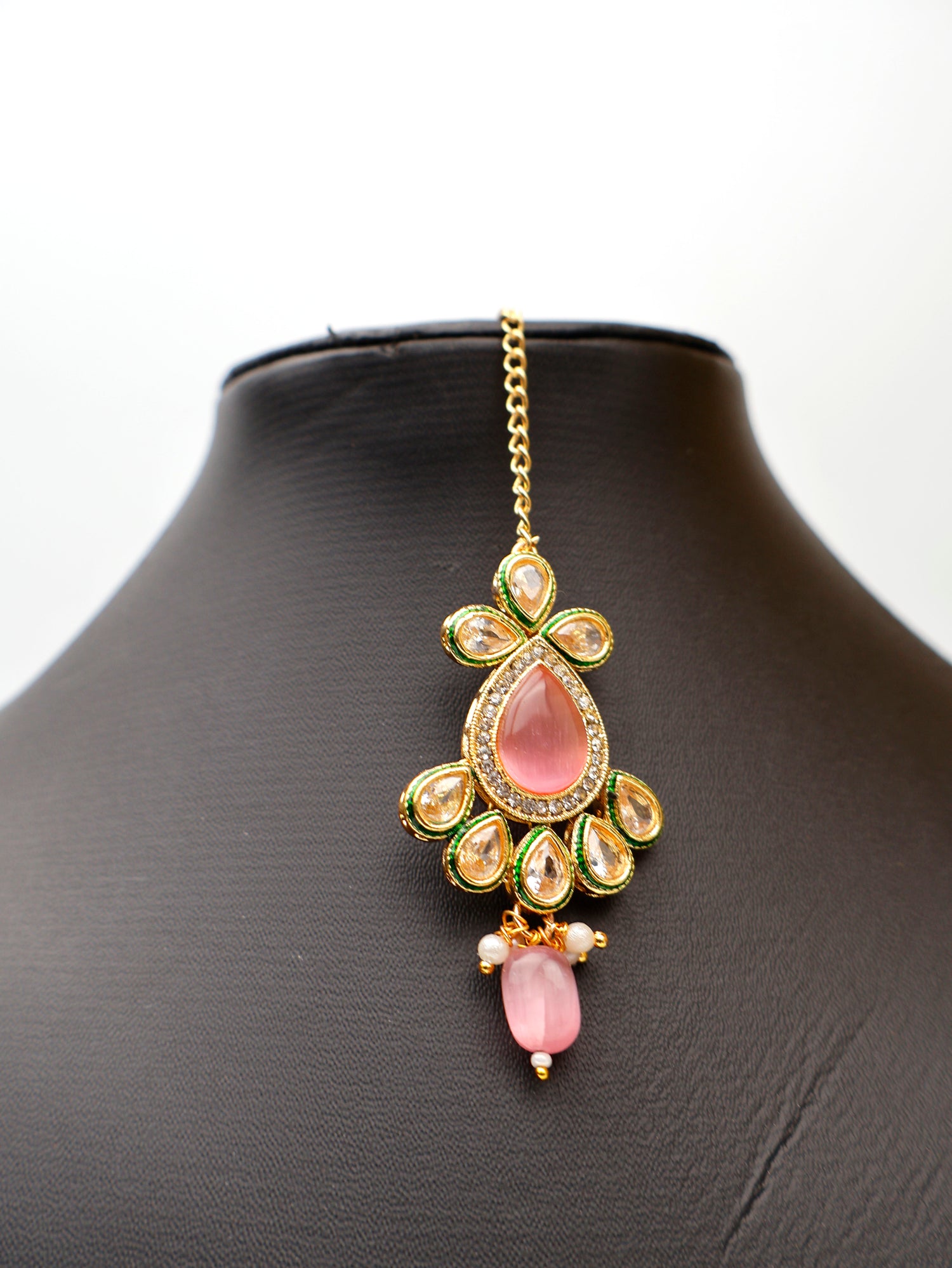 Polki and Pink Monalisa Stone Necklace with Earrings & Mang Tkka Fashion Jewelry for Party Festival Wedding Occasion in Noida