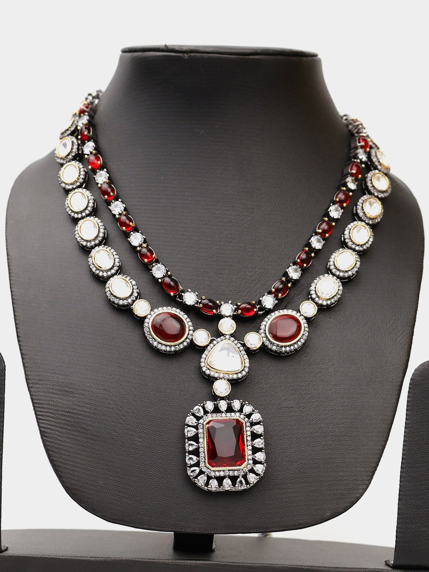 Red Garnet Stone and Kundan work Reverse AD Two Layer Necklace Set Fashion Jewelry for Party Festival Wedding Occasion in Noida