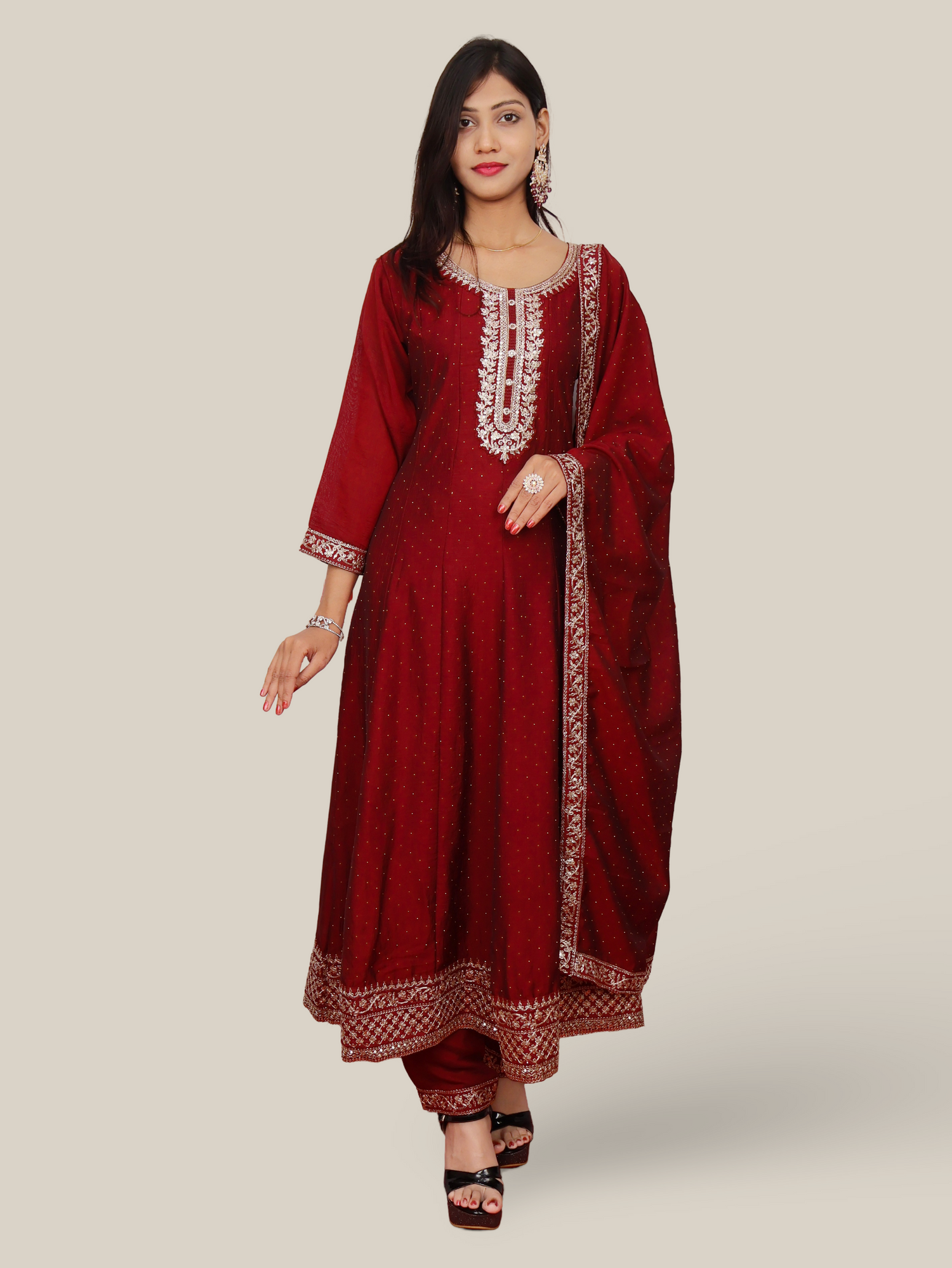 Woman Anarkali Suit Set with Pant-Dupatta