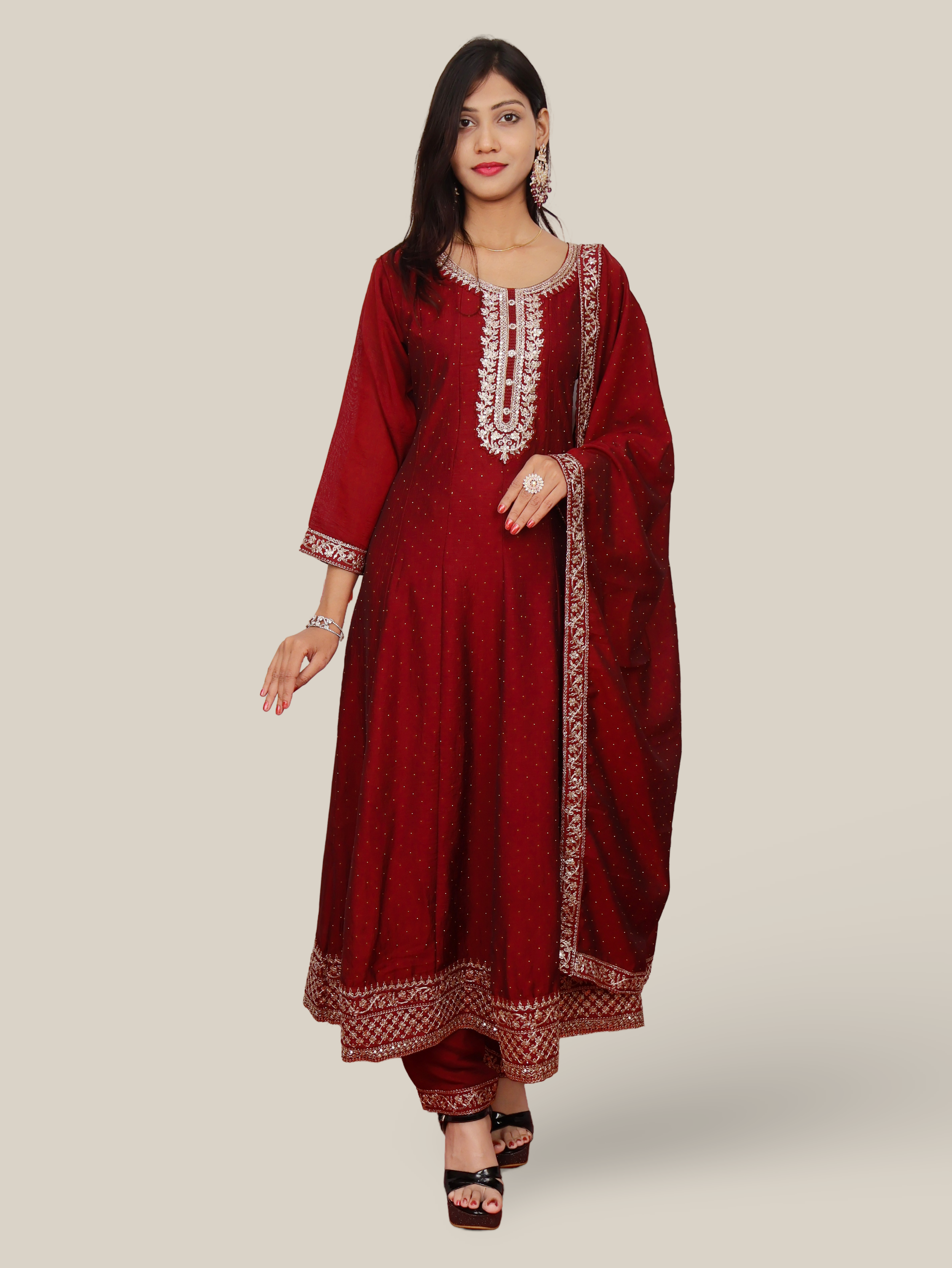 Woman Anarkali Suit Set with Pant-Dupatta