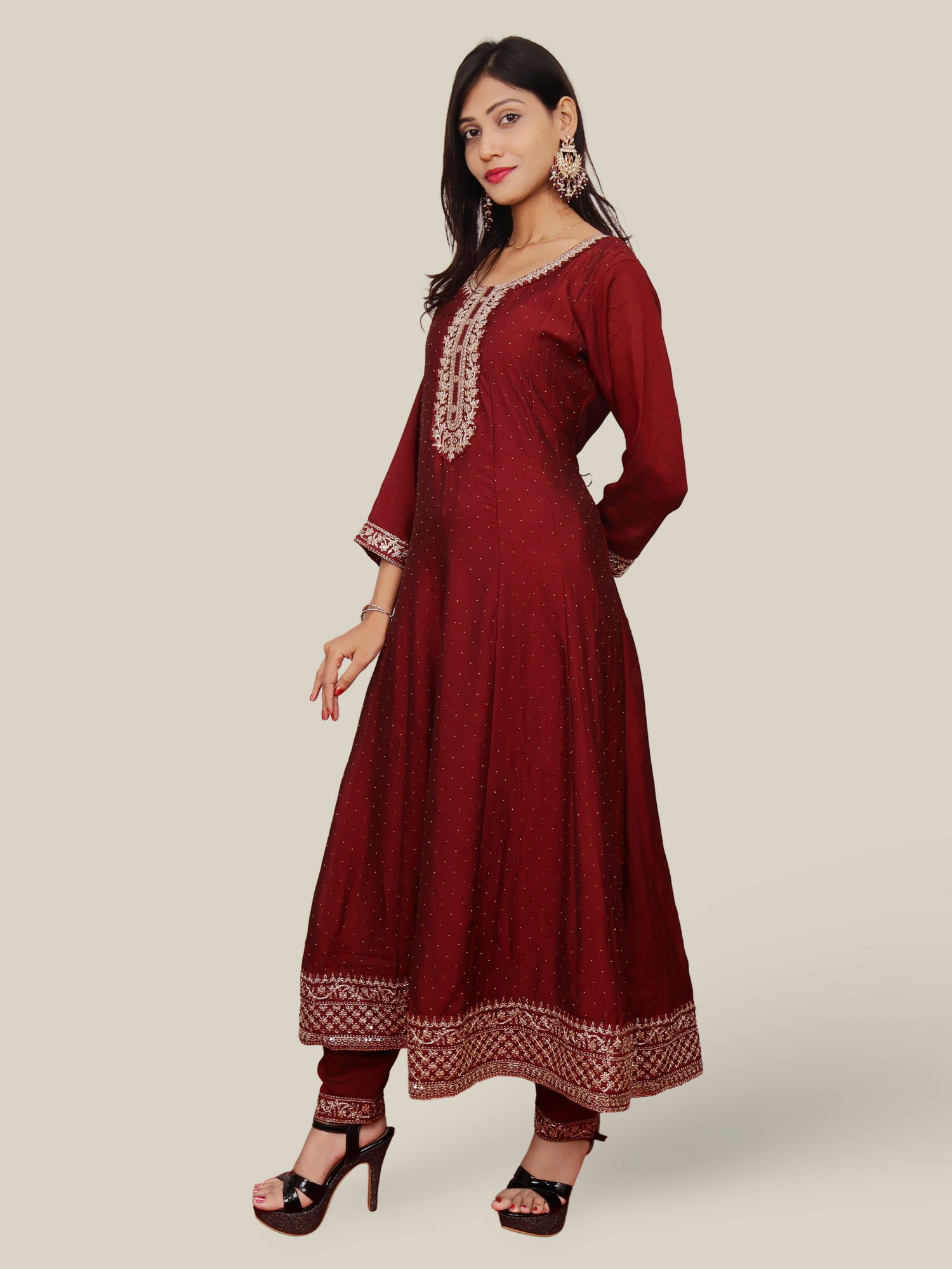Woman Anarkali Suit Set with Pant-Dupatta