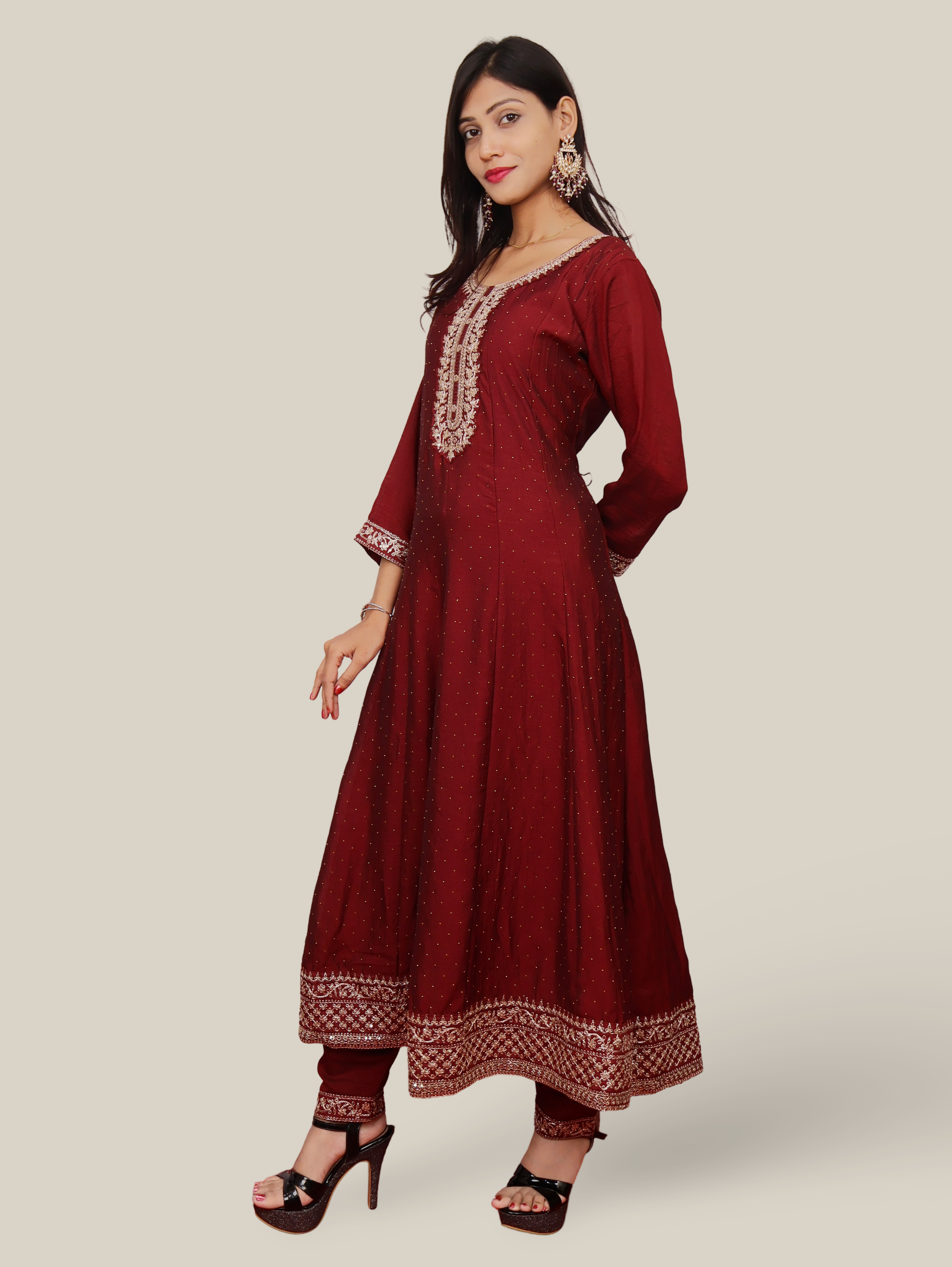Woman Anarkali Suit Set with Pant-Dupatta