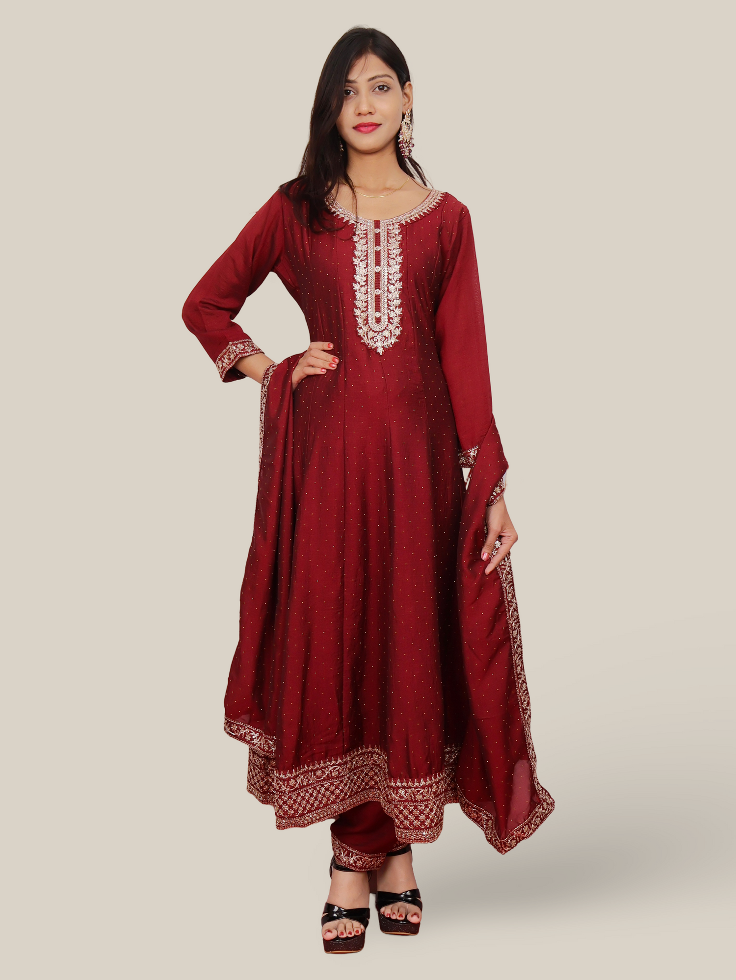 Woman Anarkali Suit Set with Pant-Dupatta