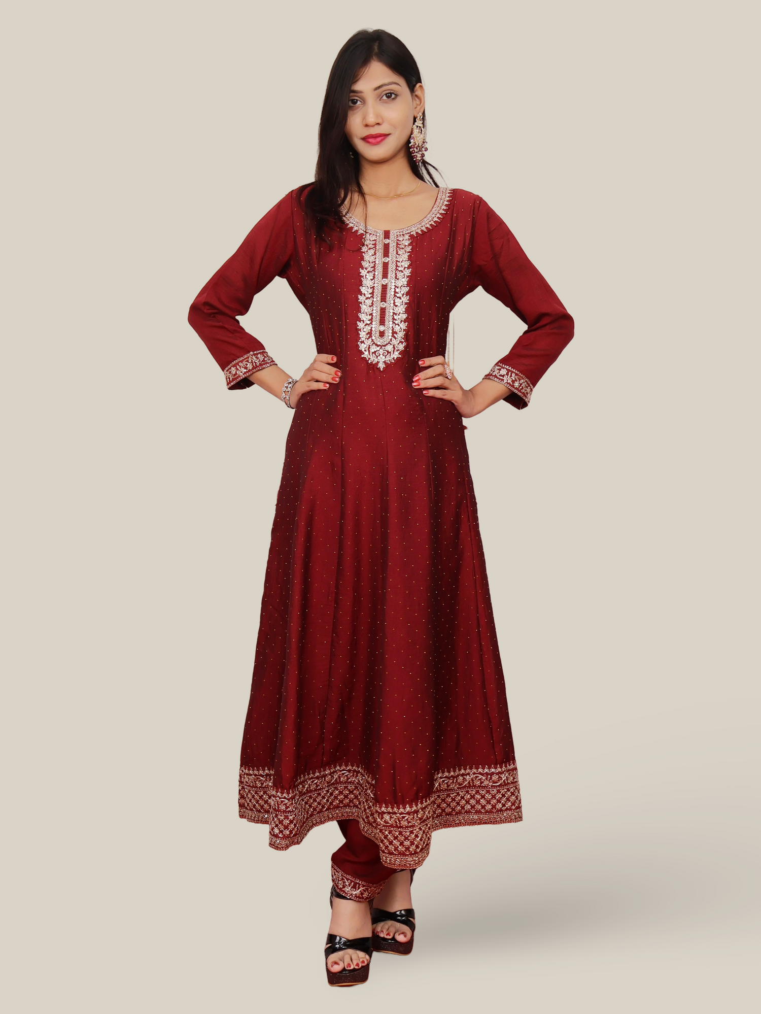 Woman Anarkali Suit Set with Pant-Dupatta