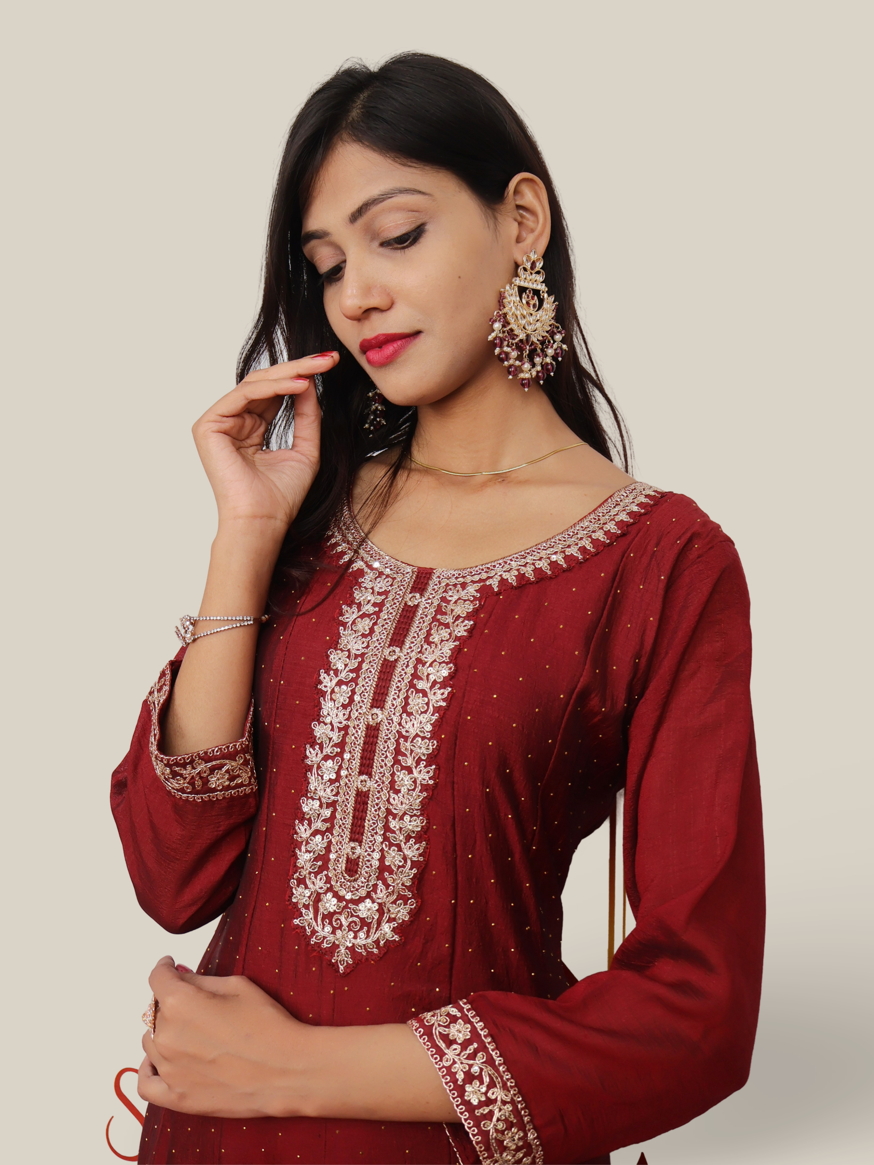 Woman Anarkali Suit Set with Pant-Dupatta