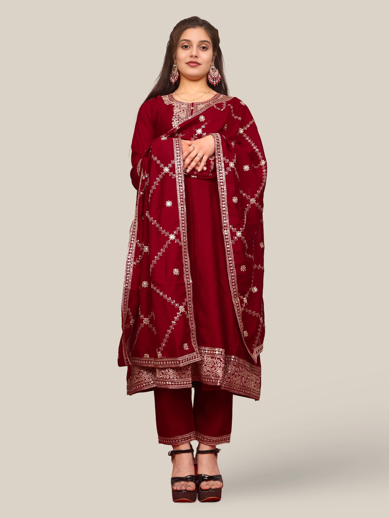 Woman Anarkali Suit Set with Pant-Dupatta