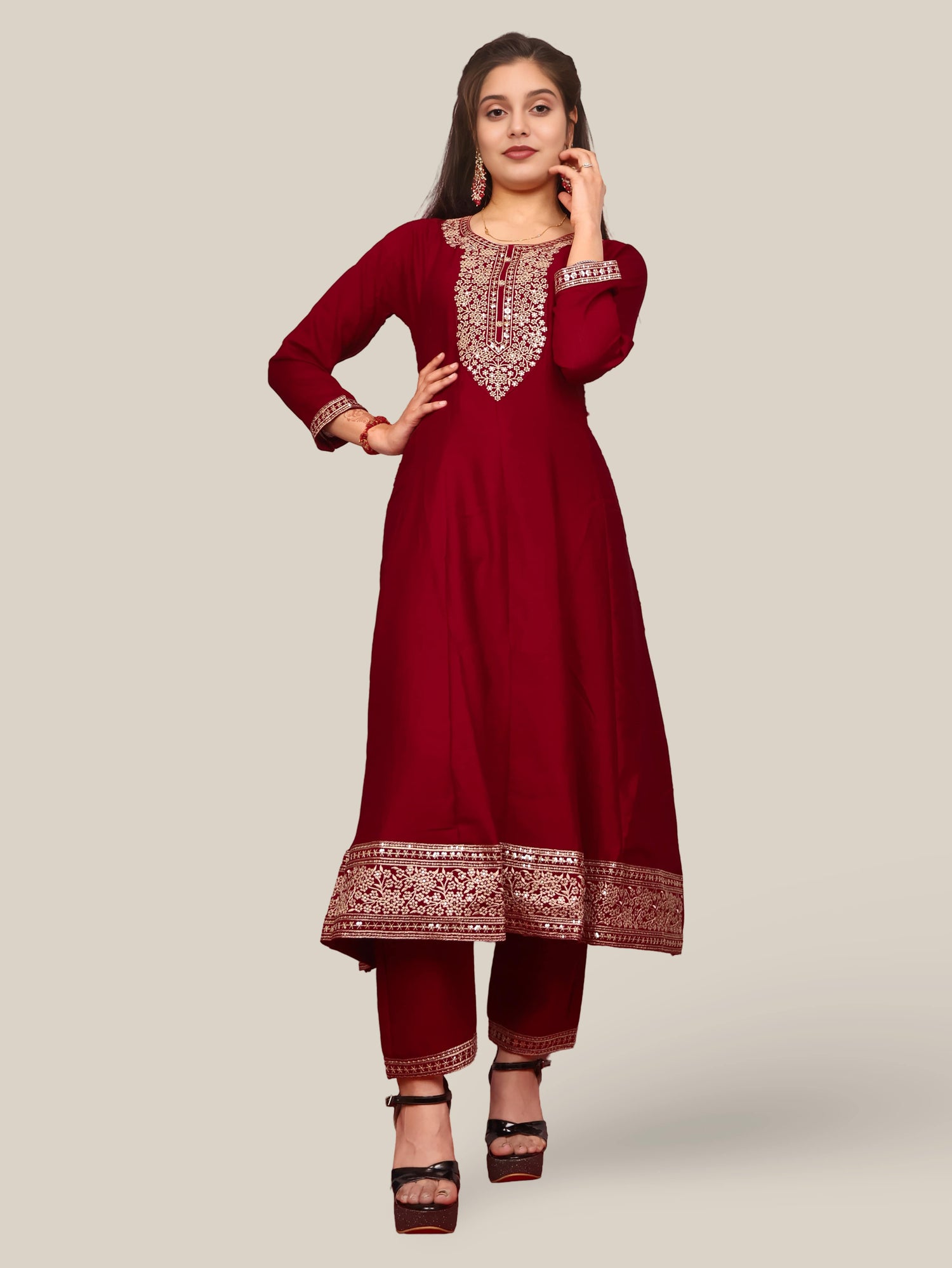 Woman Anarkali Suit Set with Pant-Dupatta