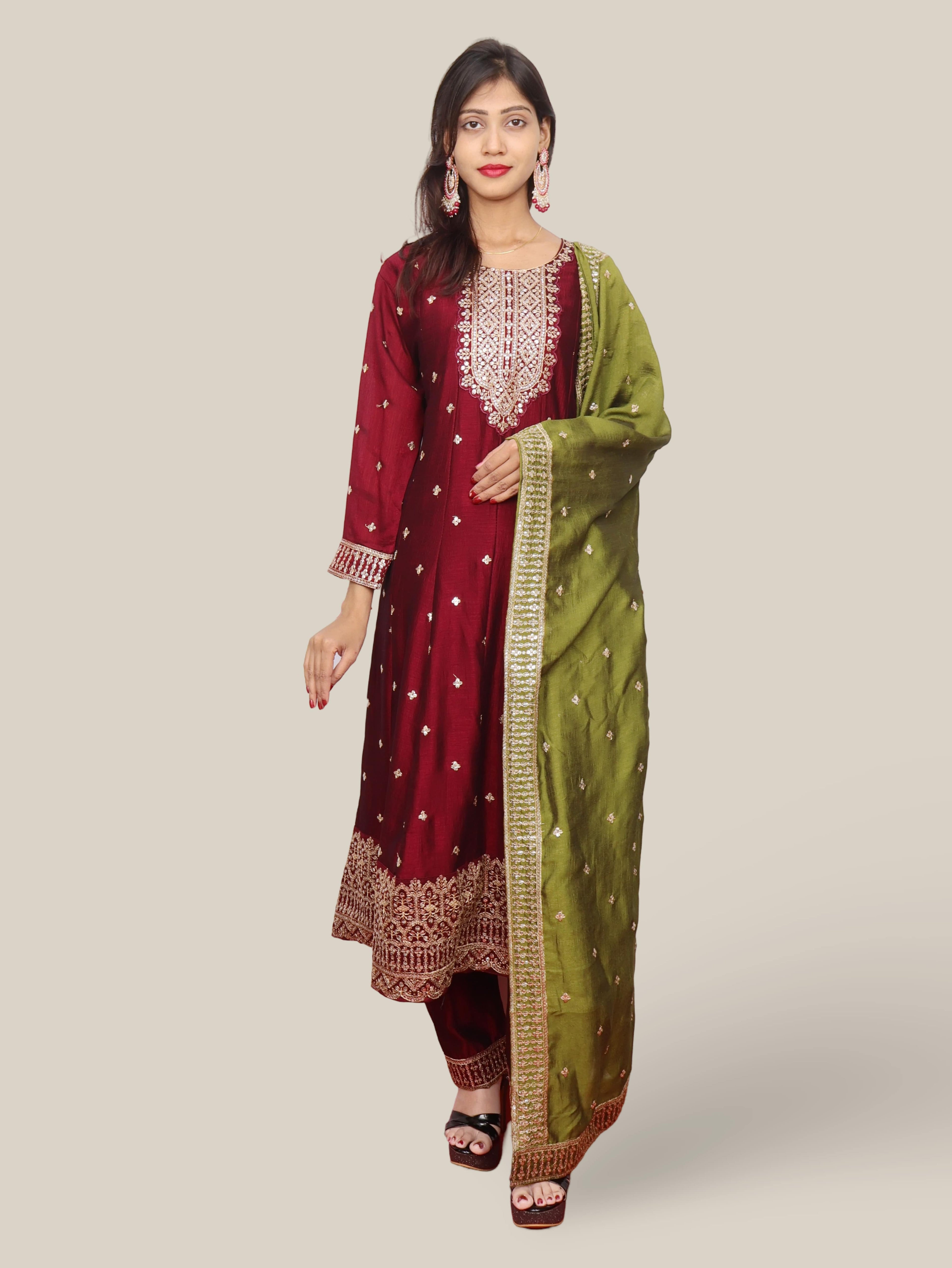 Woman Anarkali Suit Set with Pant-Dupatta
