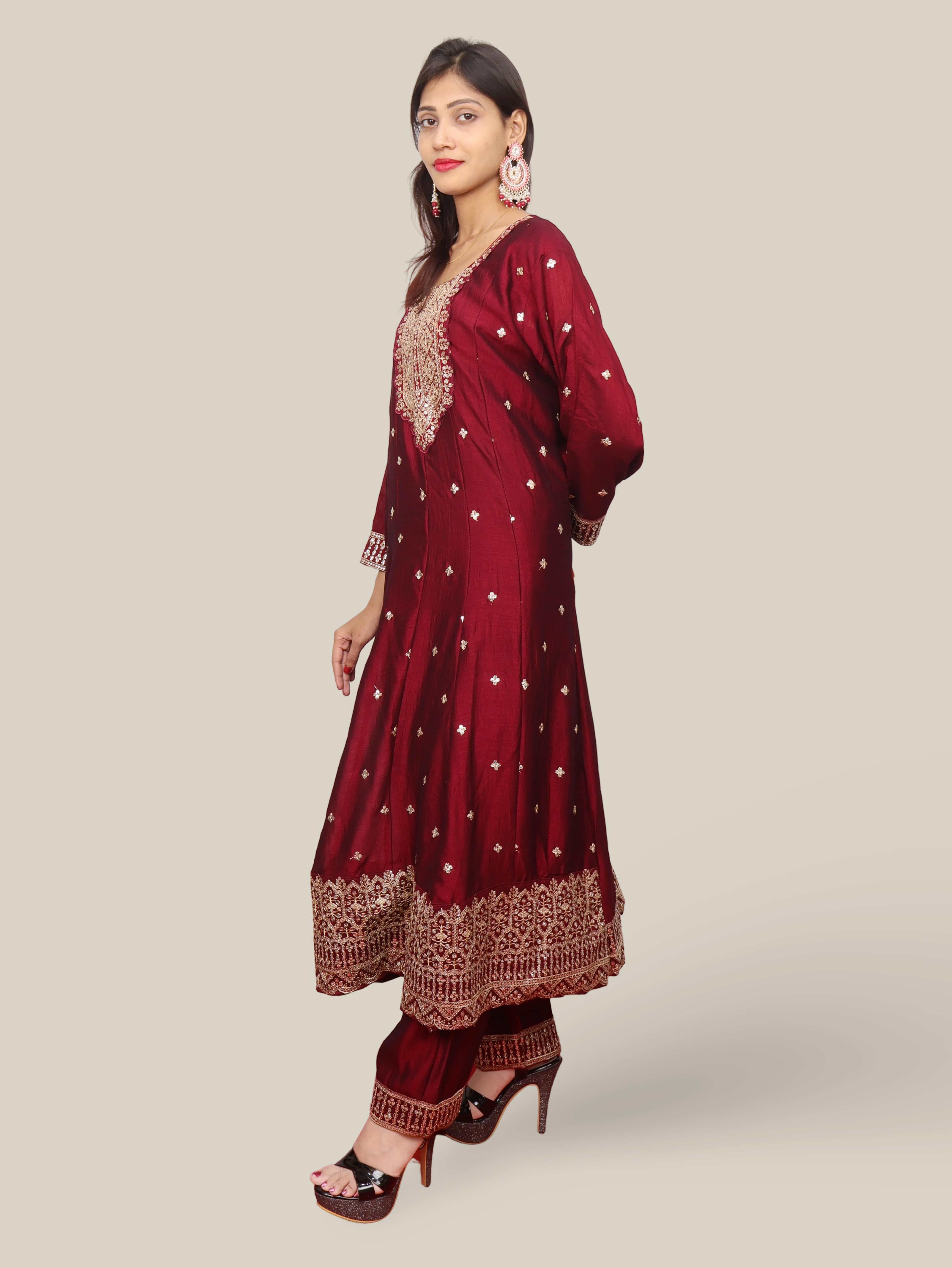 Woman Anarkali Suit Set with Pant-Dupatta