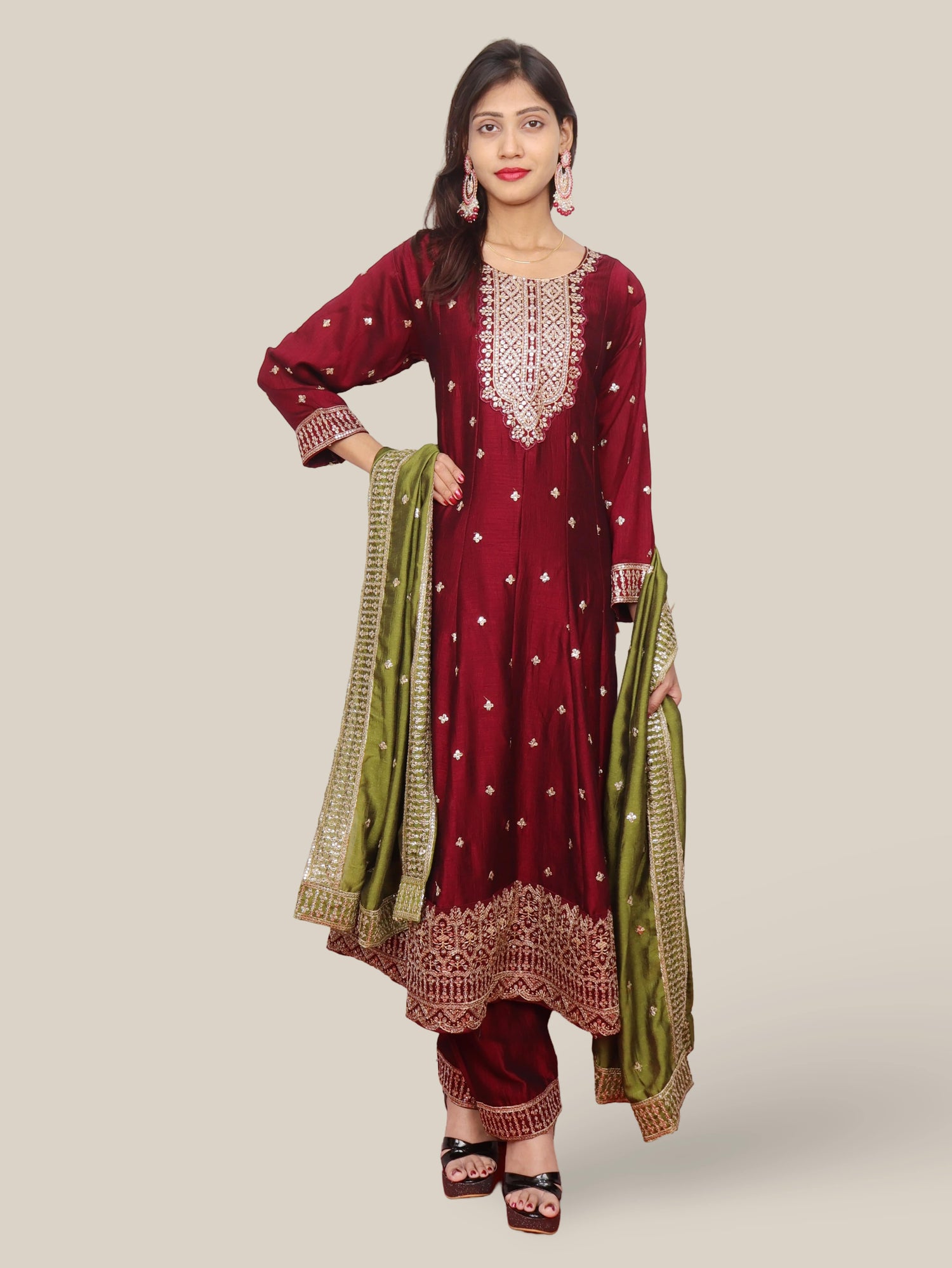Woman Anarkali Suit Set with Pant-Dupatta