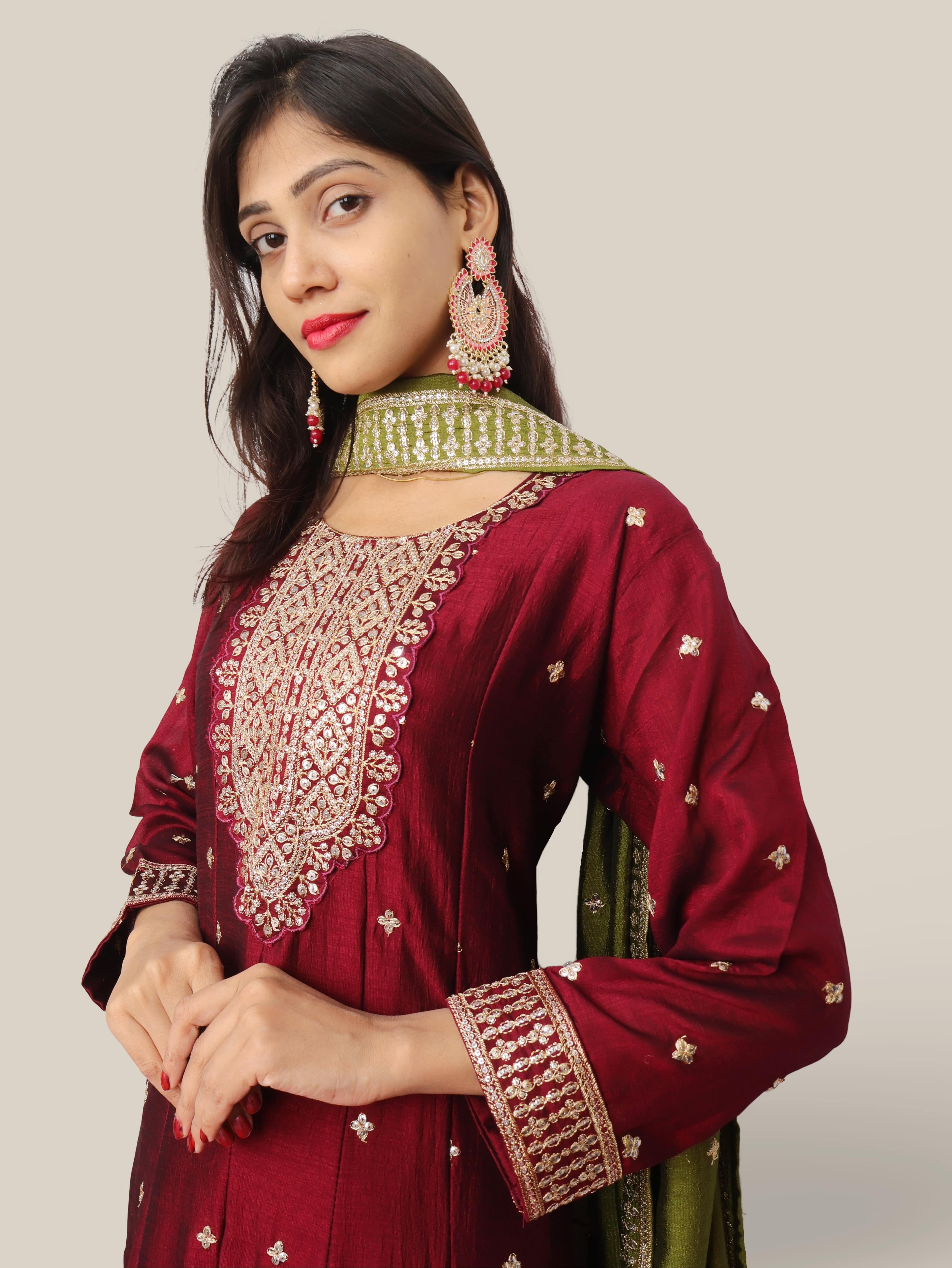 Woman Anarkali Suit Set with Pant-Dupatta