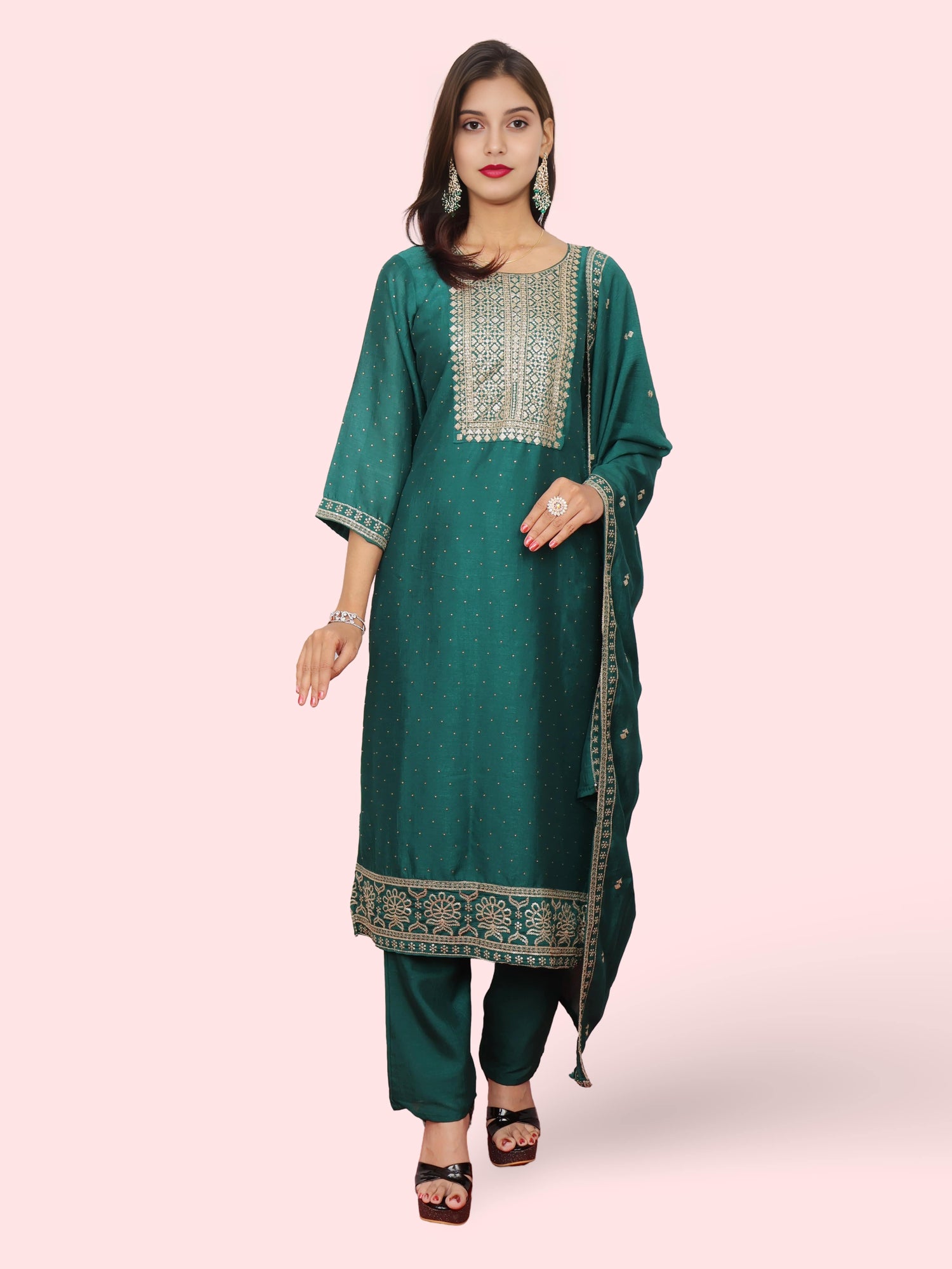 Dark Green Straight Kurta Pant Set