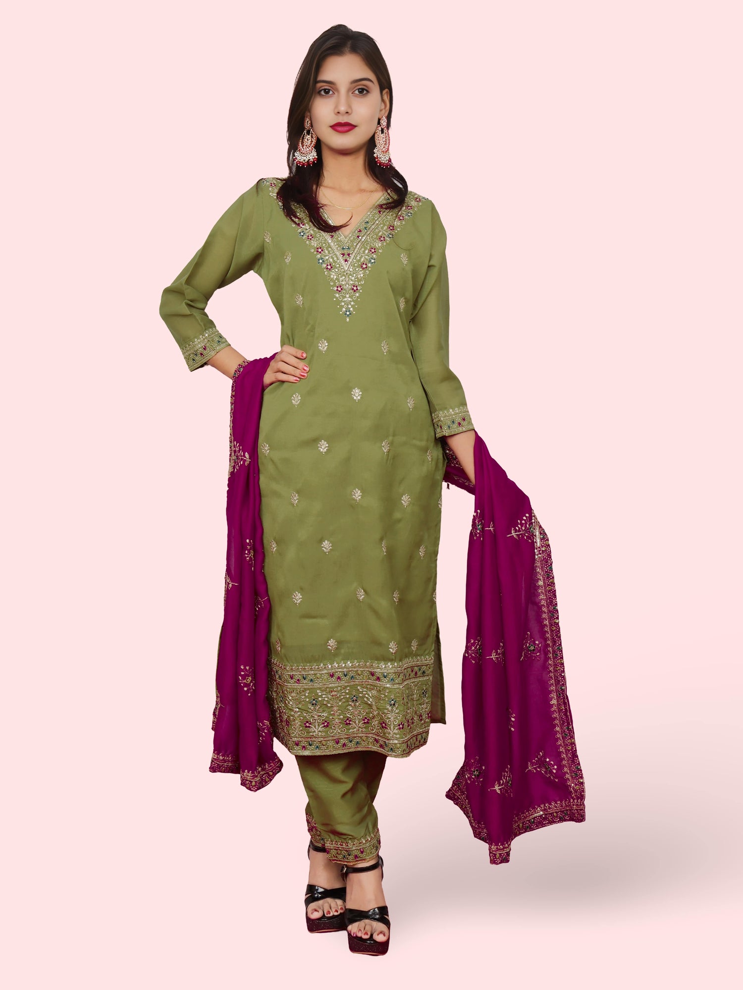 Woman Straight Suit Set with Pant-Dupatta