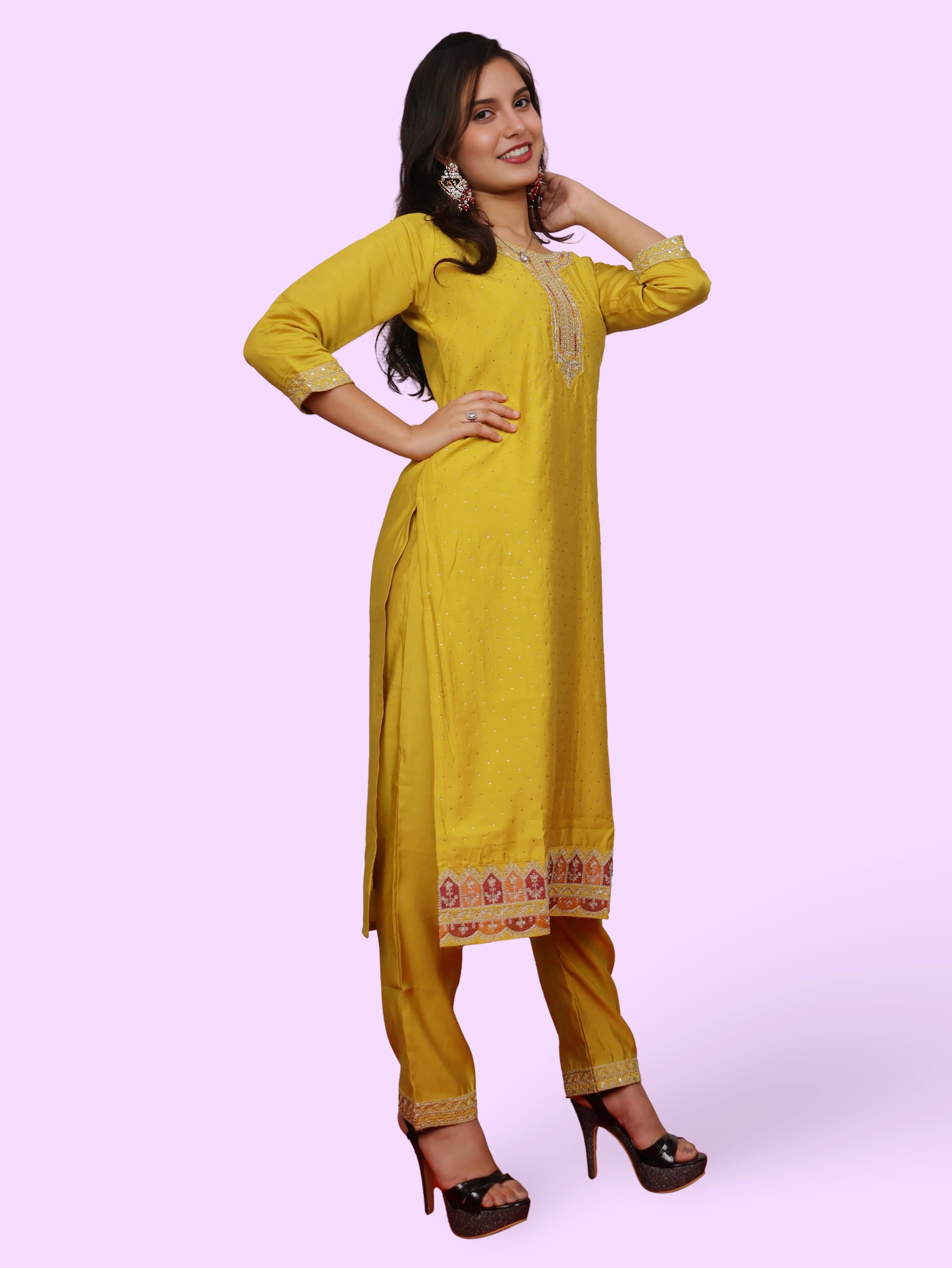 Woman Straight Suit Set with Pant-Dupatta
