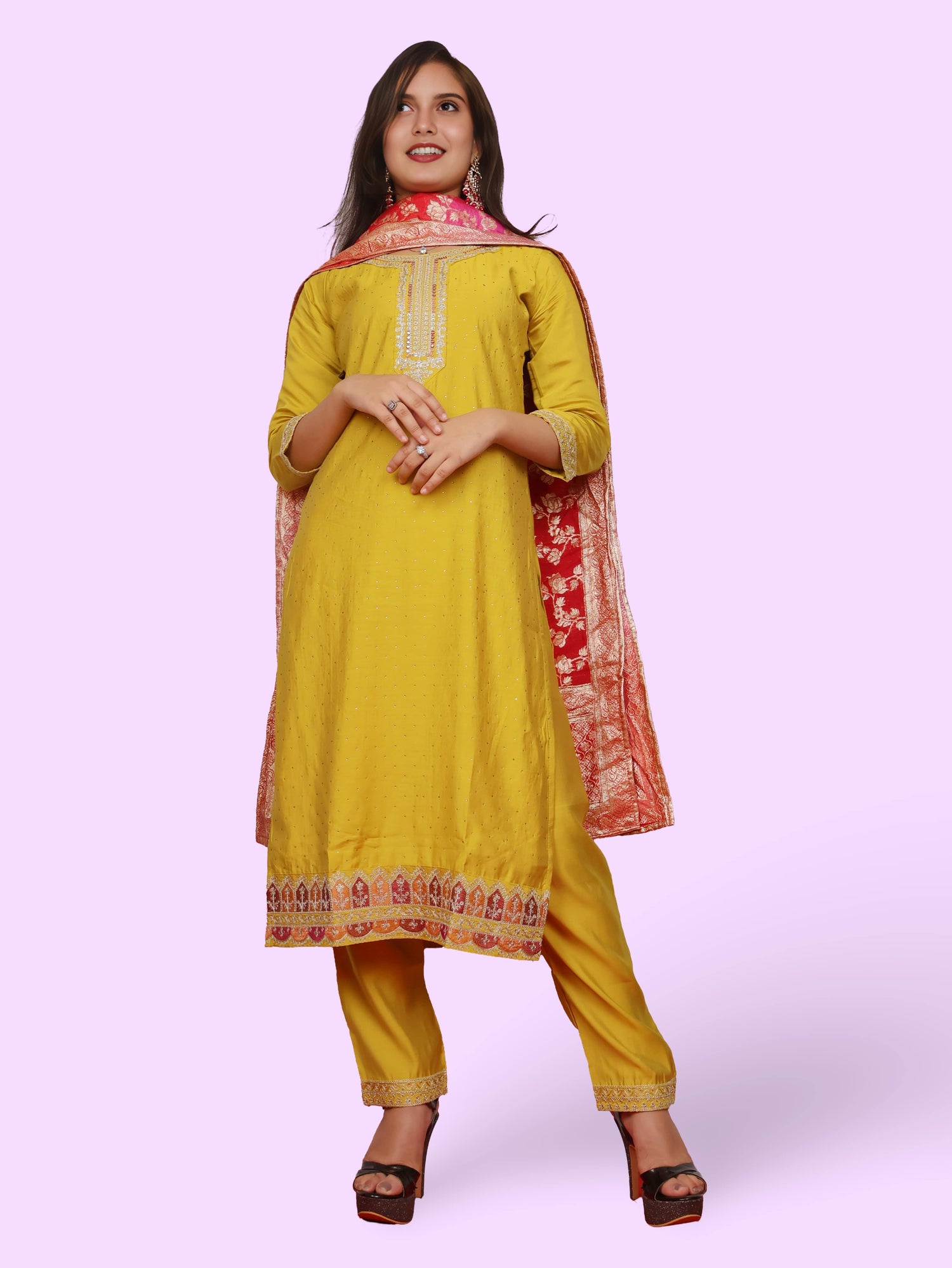 Woman Straight Suit Set with Pant-Dupatta