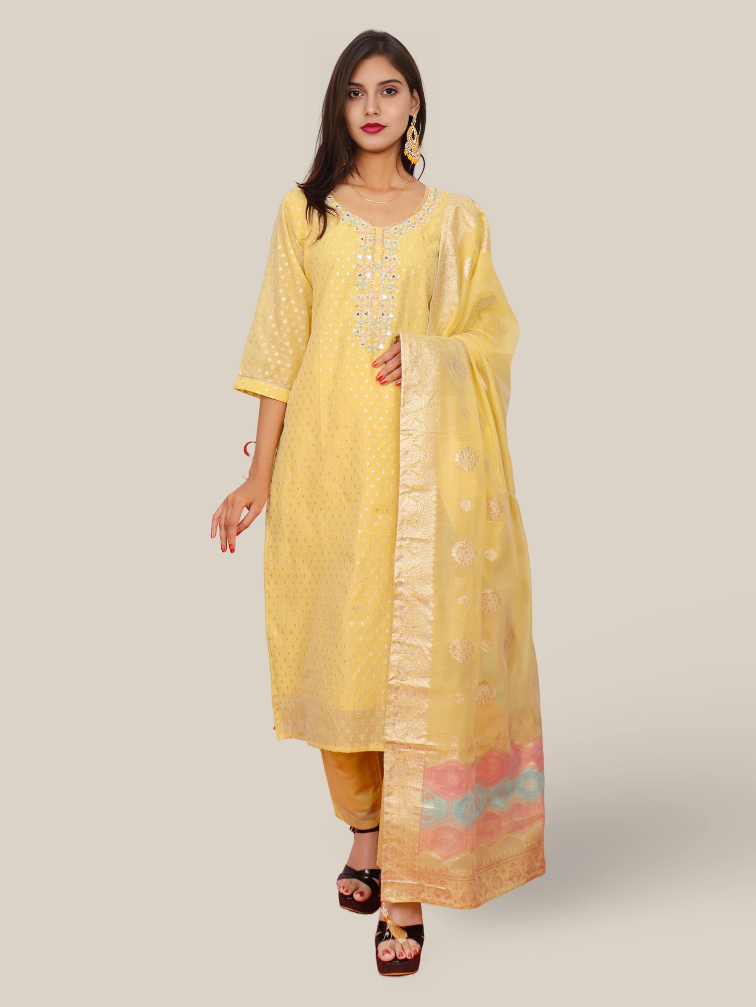 Woman Straight Suit Set with Pant-Dupatta