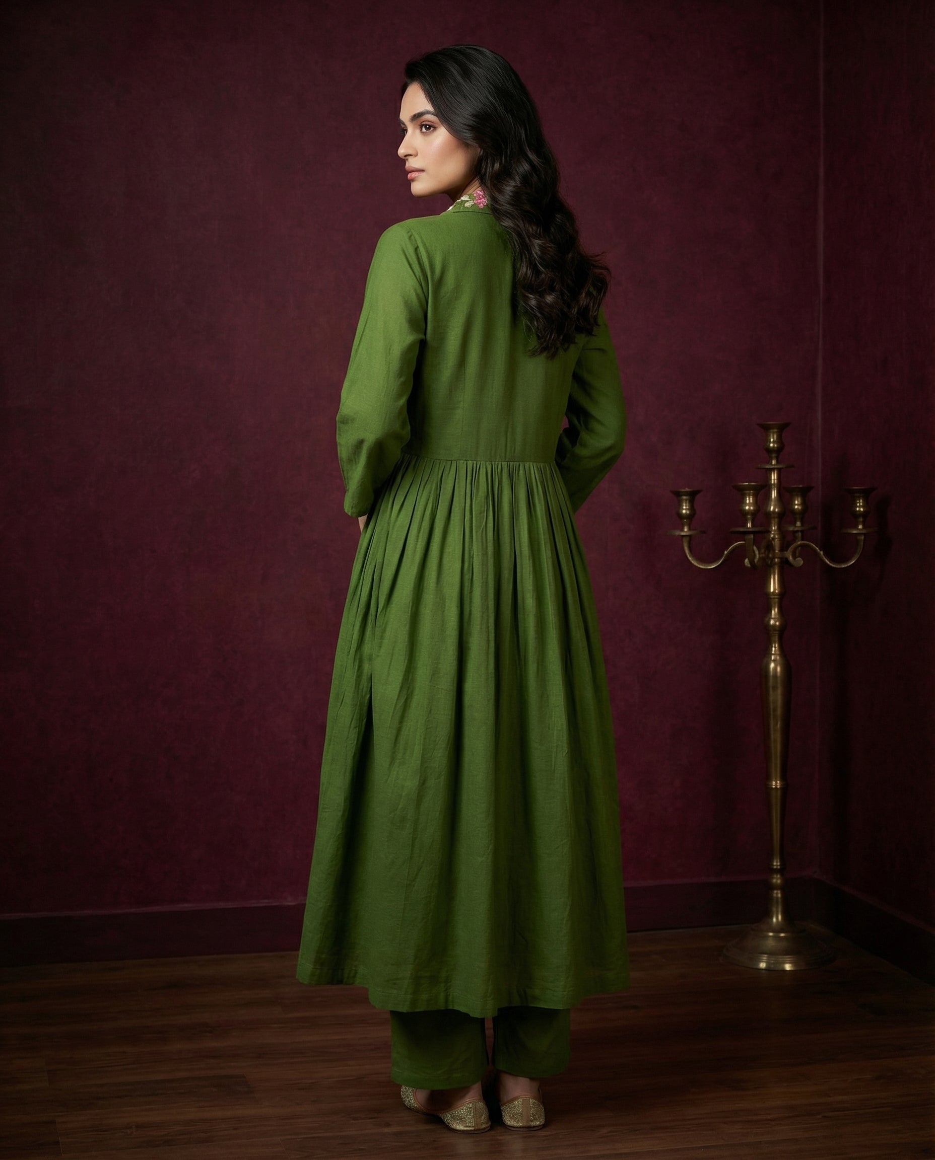 Olive Green Floral Embroidered Anarkali Kurta with Pants Set | Sequin & Embroidery Work