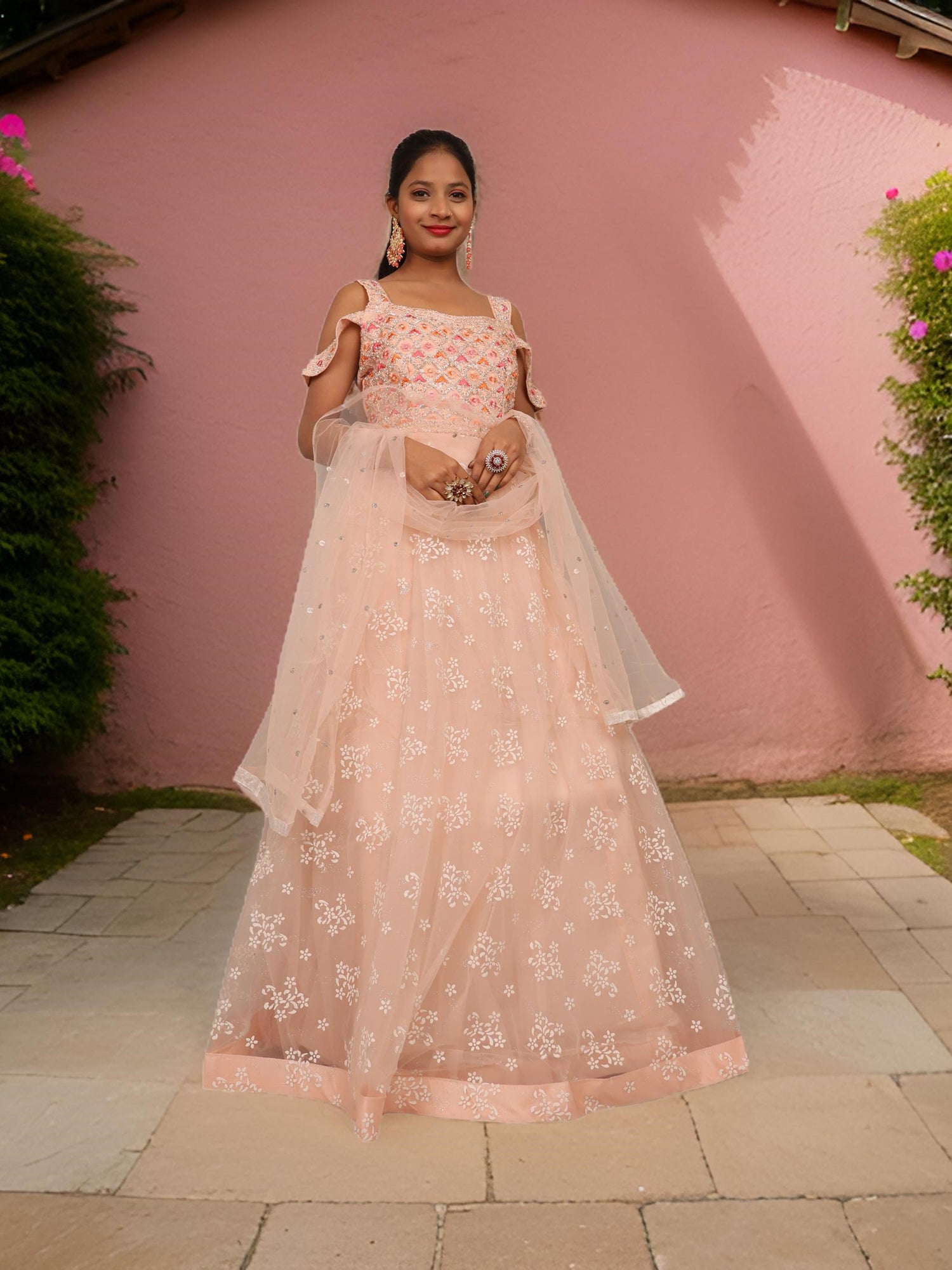 Gown with Stone Work & Embroidery by Shreekama Peach Designer Gowns for Party Festival Wedding Occasion in Noida