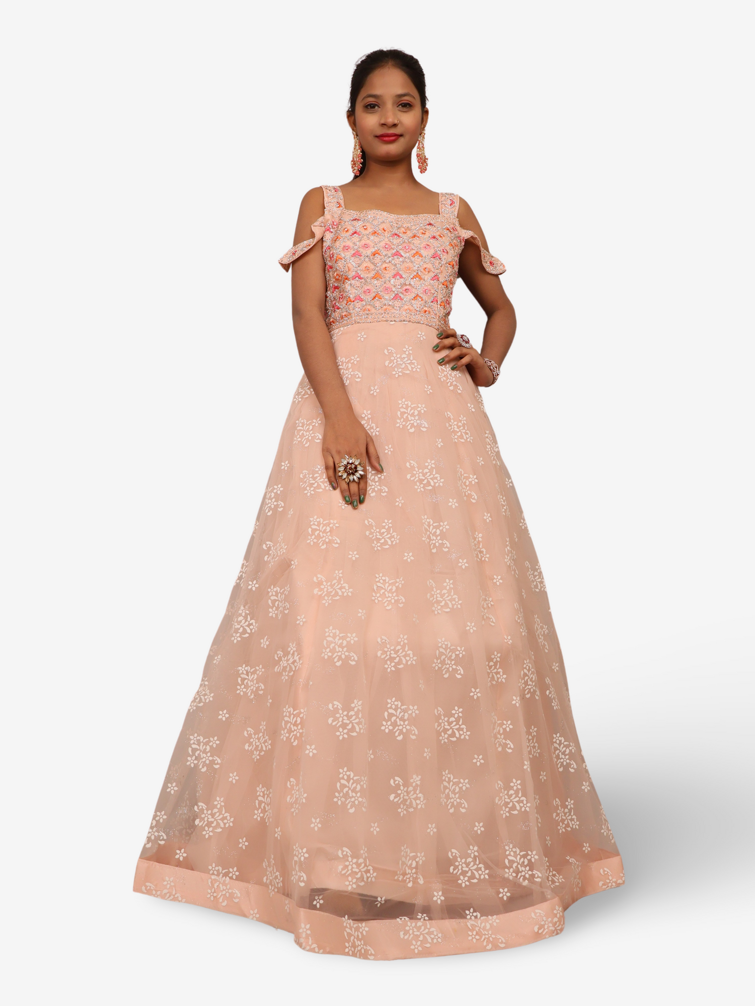 Gown with Stone Work & Embroidery by Shreekama Peach Designer Gowns for Party Festival Wedding Occasion in Noida