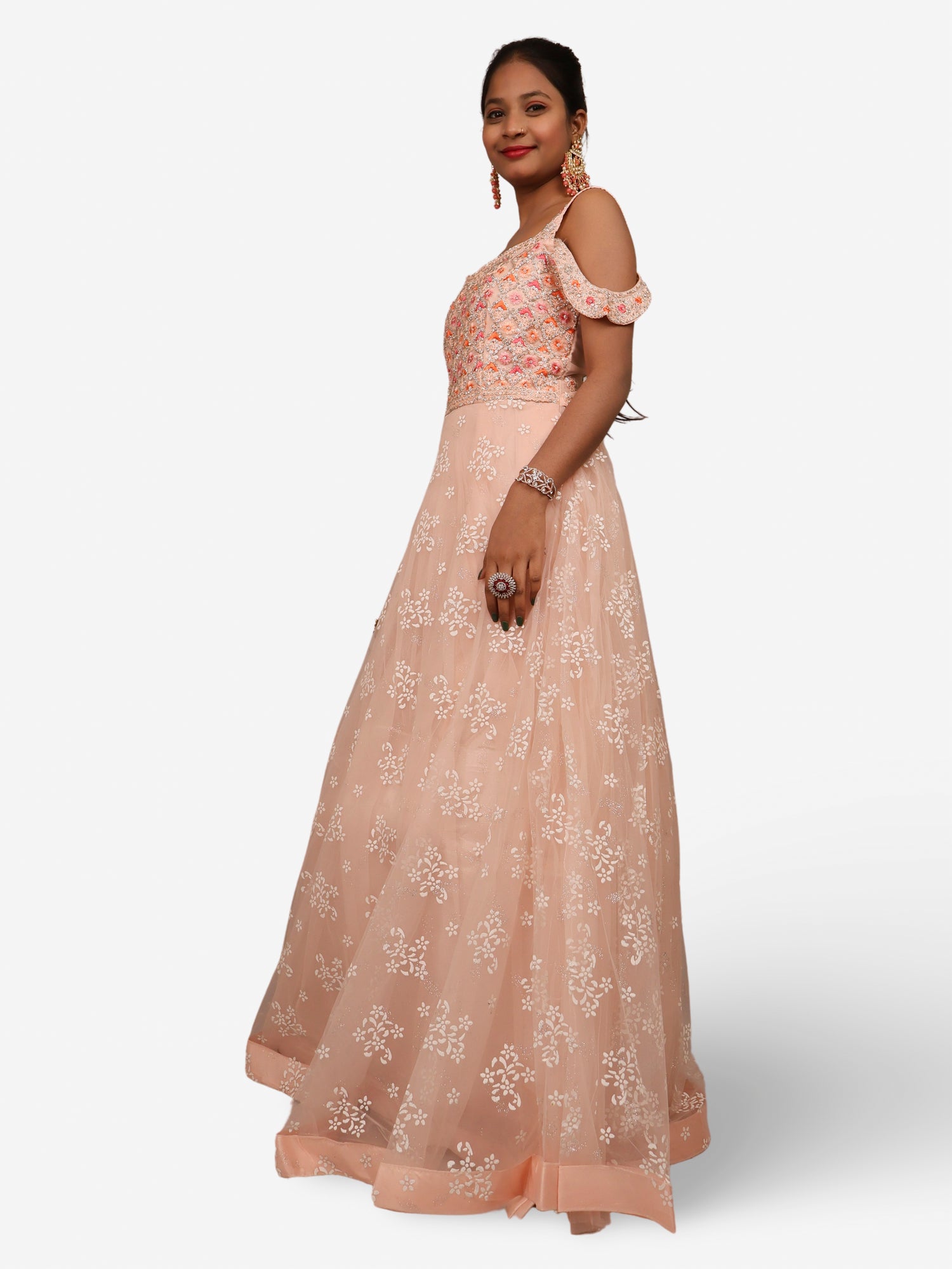 Gown with Stone Work & Embroidery by Shreekama Peach Designer Gowns for Party Festival Wedding Occasion in Noida