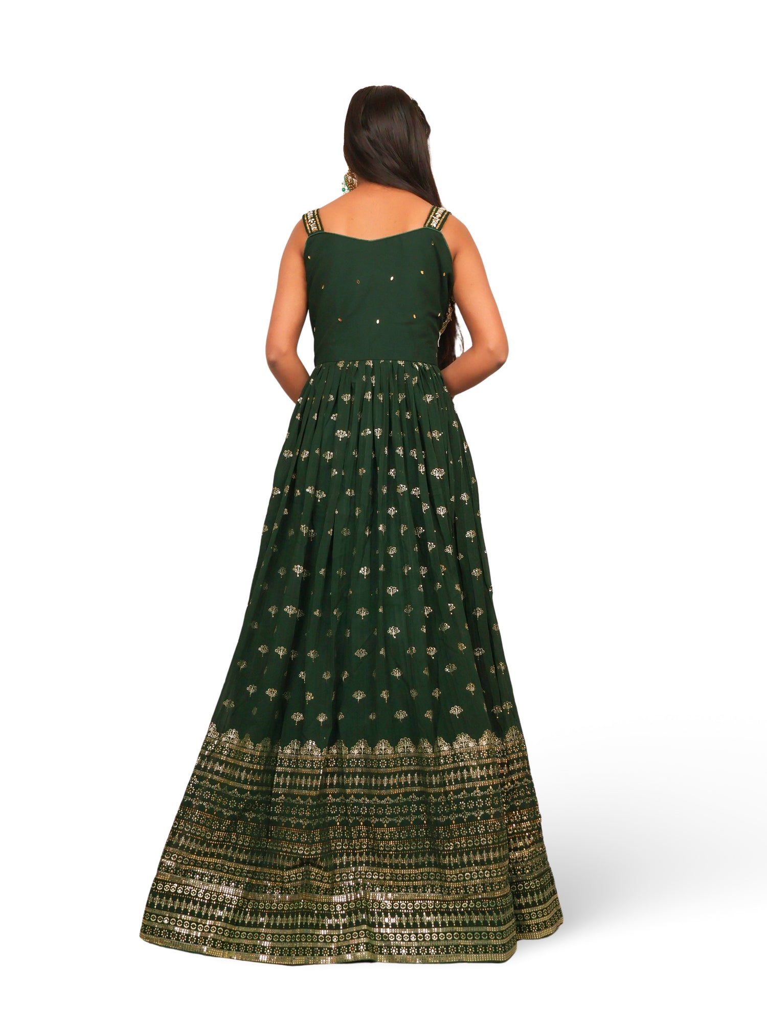 Dark Green Gown with Sequin & Cut Dana Work by Shreekama Dark Green Designer Gowns for Party Festival Wedding Occasion in Noida