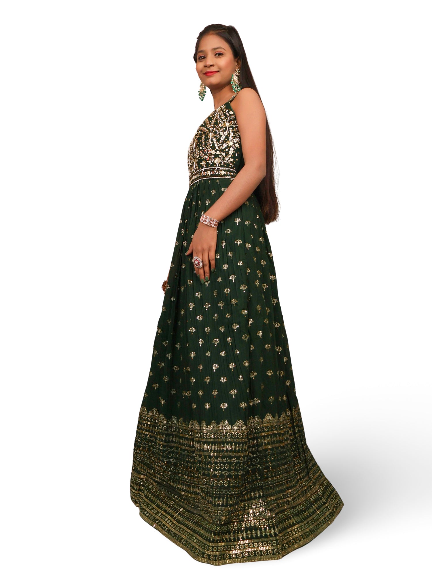 Dark Green Gown with Sequin & Cut Dana Work by Shreekama Dark Green Designer Gowns for Party Festival Wedding Occasion in Noida