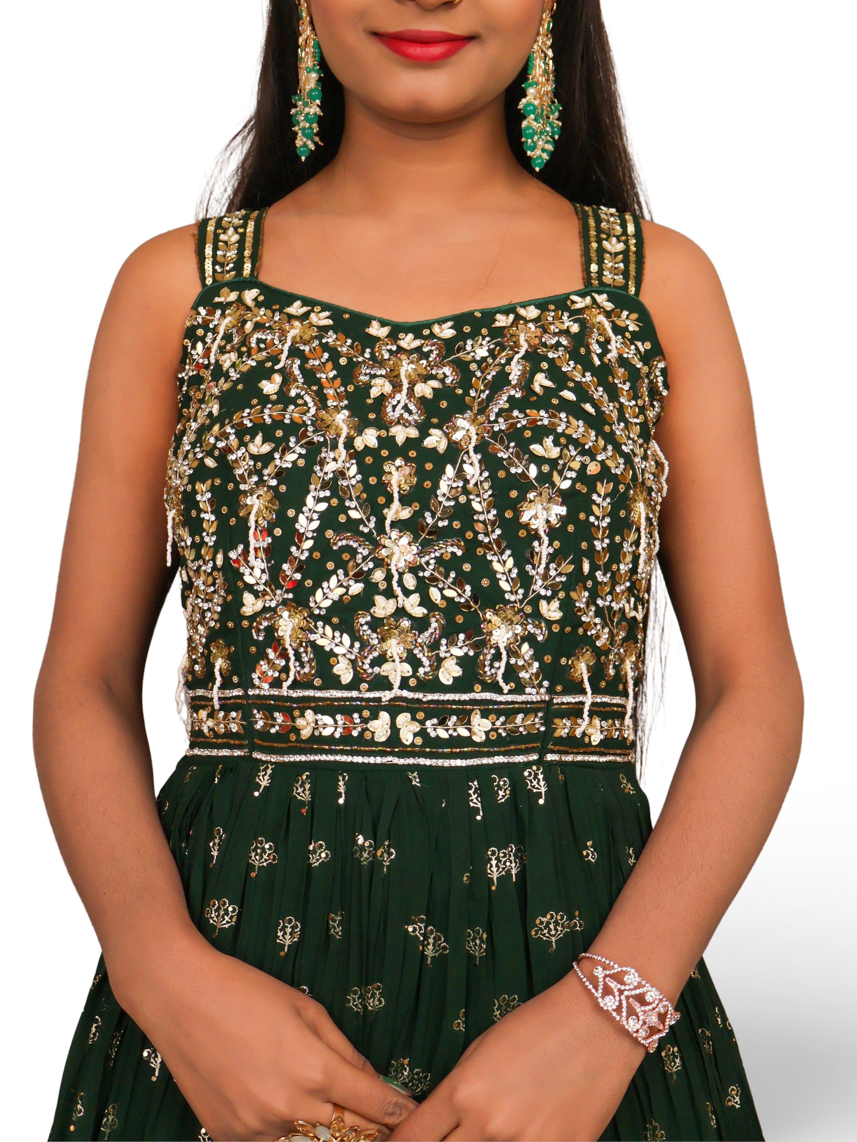 Dark Green Gown with Sequin & Cut Dana Work by Shreekama Dark Green Designer Gowns for Party Festival Wedding Occasion in Noida