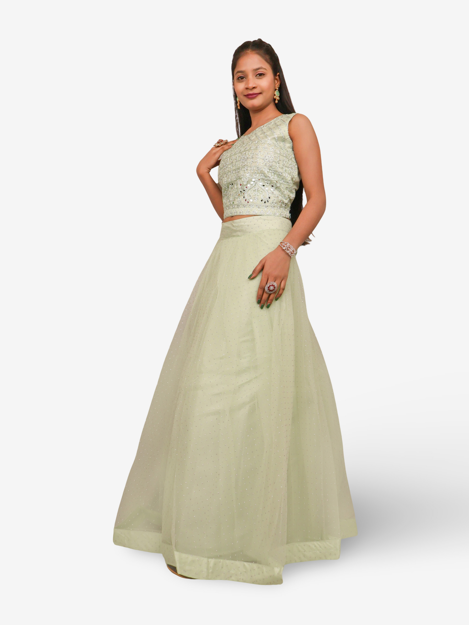 Pista Green Lehenga Choli Set with Stones & Thread Work by Shreekama Pista Green Designer Lehenga for Party Festival Wedding Occasion in Noida