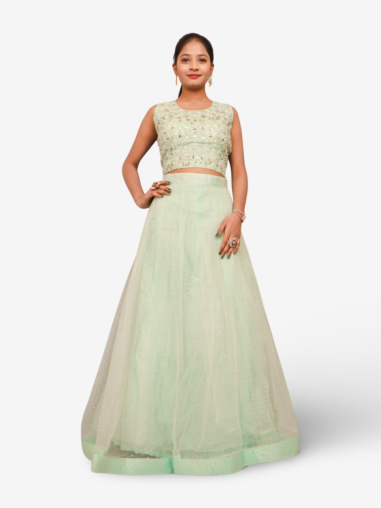 Lehenga Choli Set with Golden Mirror Stone & Pearl Work by Shreekama Pista Green Designer Lehenga for Party Festival Wedding Occasion in Noida