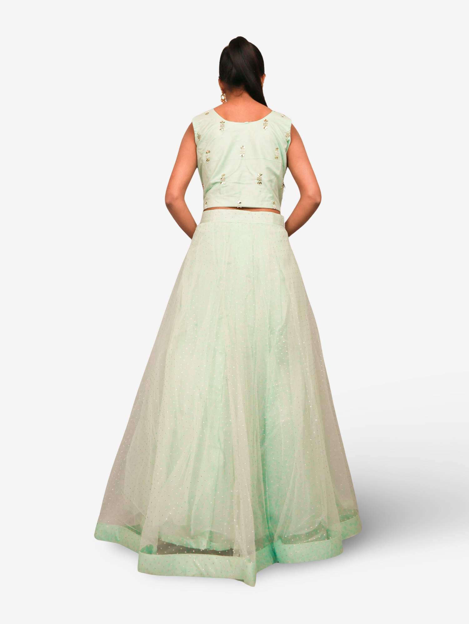 Lehenga Choli Set with Golden Mirror Stone & Pearl Work by Shreekama Pista Green Designer Lehenga for Party Festival Wedding Occasion in Noida