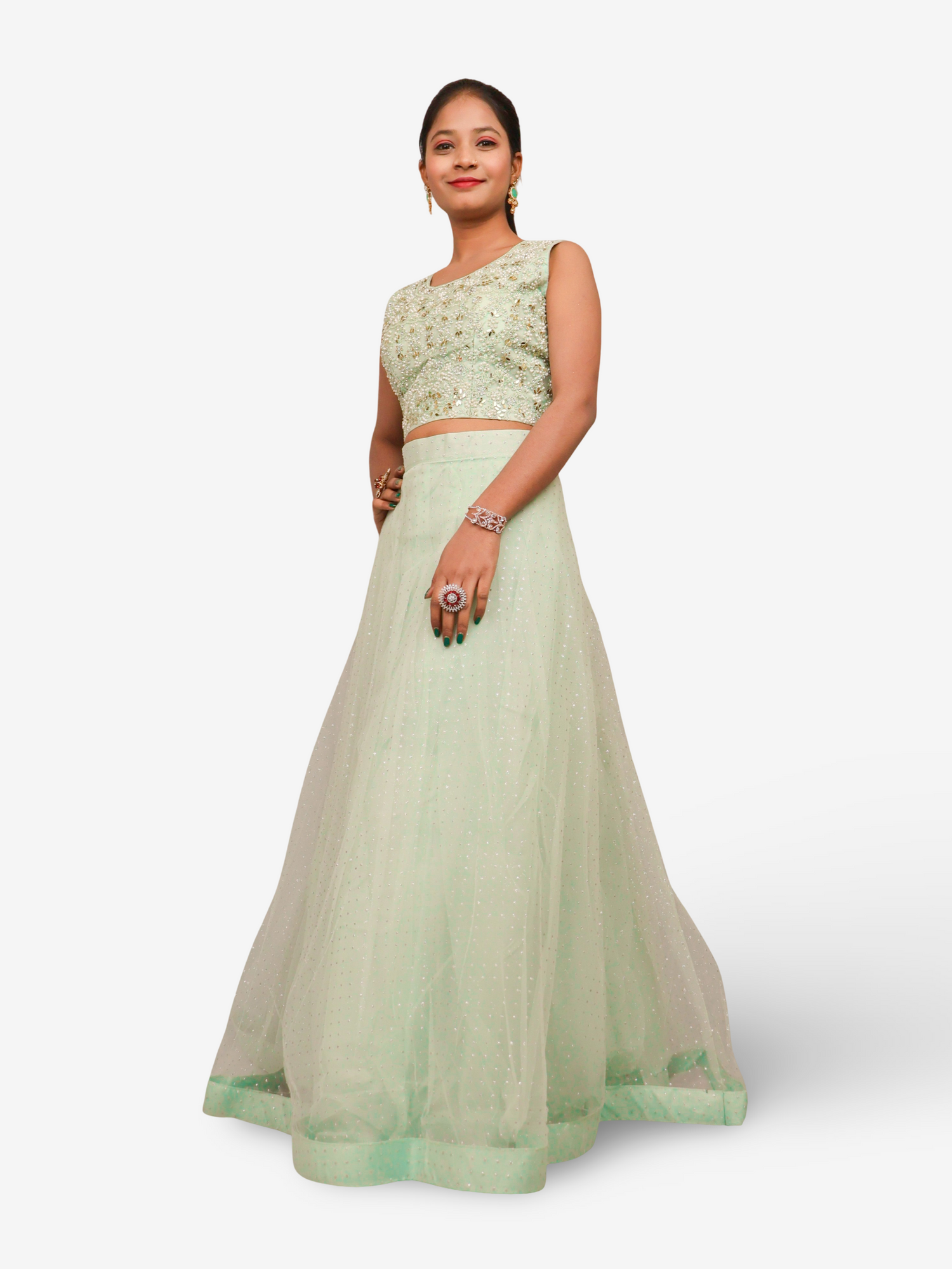 Lehenga Choli Set with Golden Mirror Stone & Pearl Work by Shreekama Pista Green Designer Lehenga for Party Festival Wedding Occasion in Noida