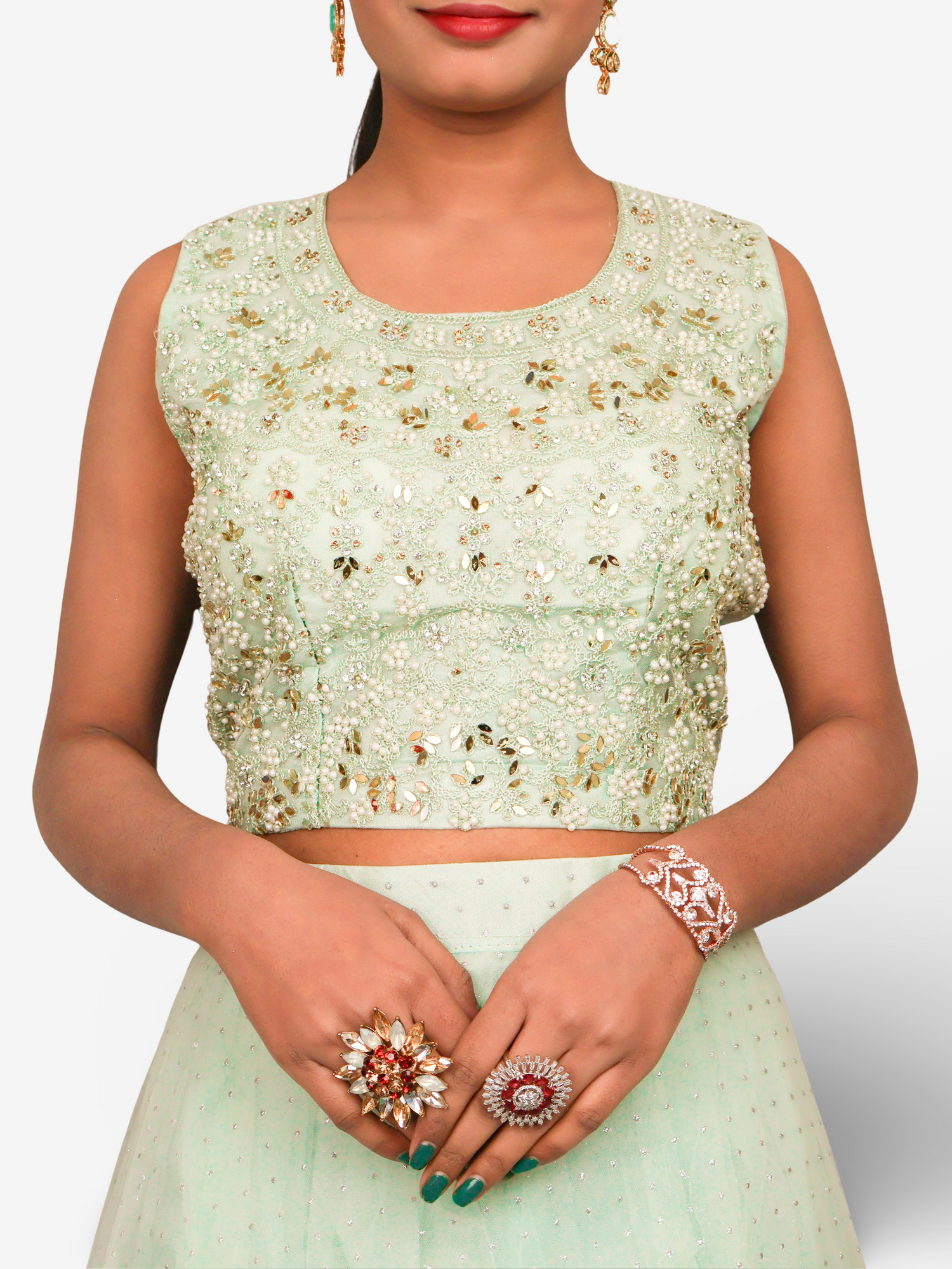 Lehenga Choli Set with Golden Mirror Stone & Pearl Work by Shreekama Pista Green Designer Lehenga for Party Festival Wedding Occasion in Noida