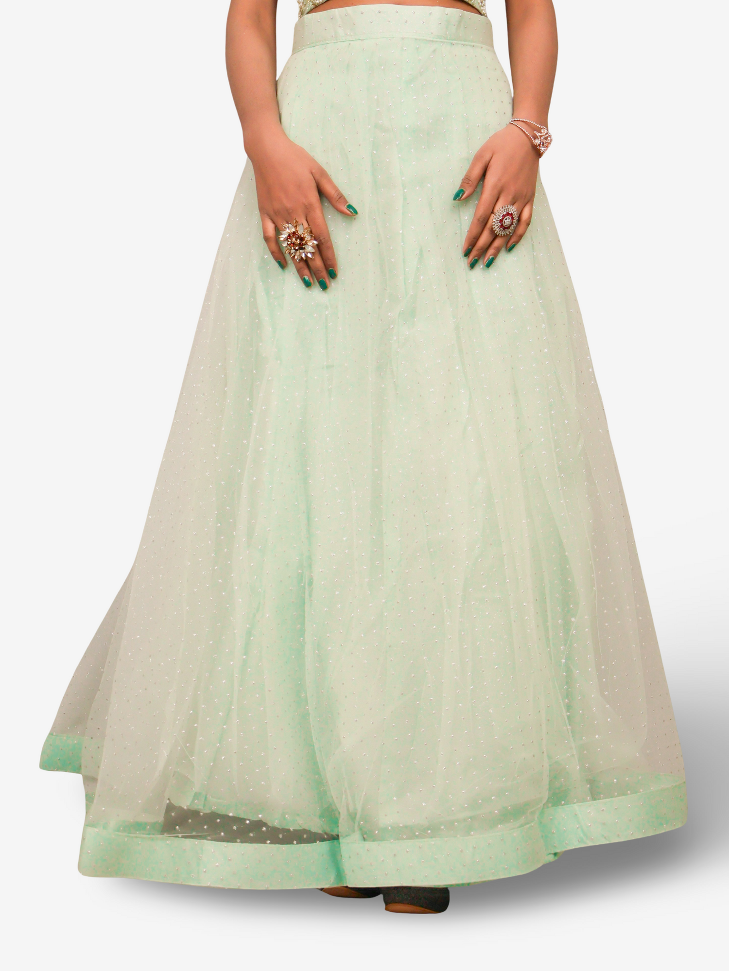 Lehenga Choli Set with Golden Mirror Stone & Pearl Work by Shreekama Pista Green Designer Lehenga for Party Festival Wedding Occasion in Noida