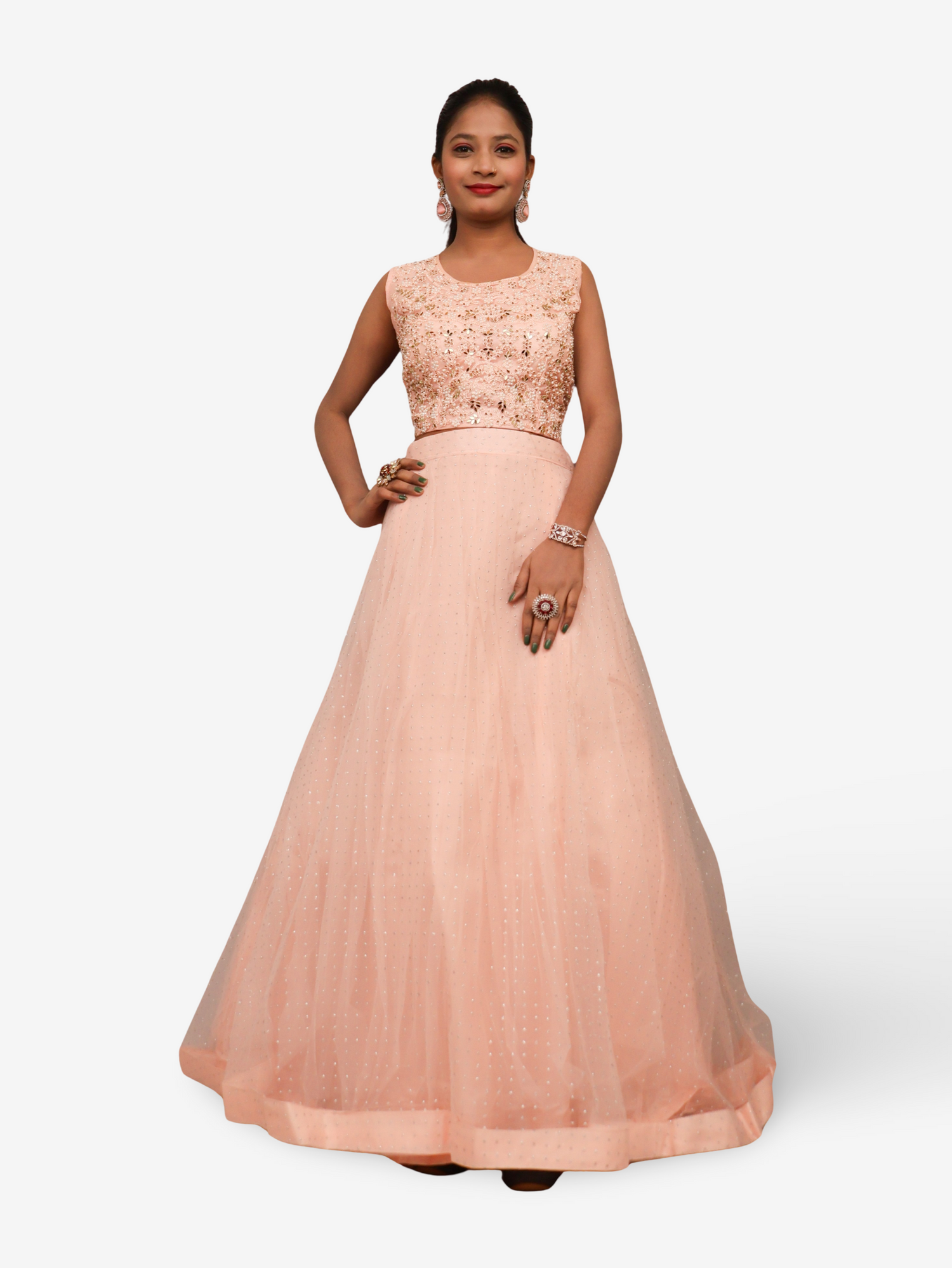 Lehenga Choli Set with Golden Mirror Stone & Pearl Work by Shreekama Peach Designer Lehenga for Party Festival Wedding Occasion in Noida