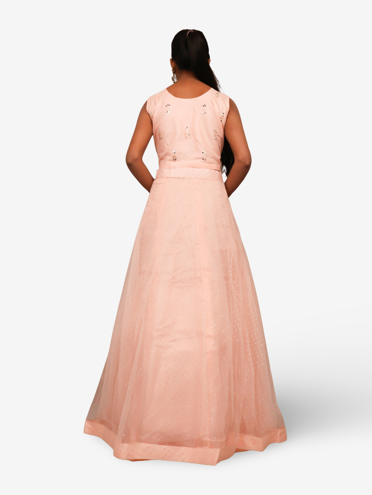 Lehenga Choli Set with Golden Mirror Stone & Pearl Work by Shreekama Peach Designer Lehenga for Party Festival Wedding Occasion in Noida