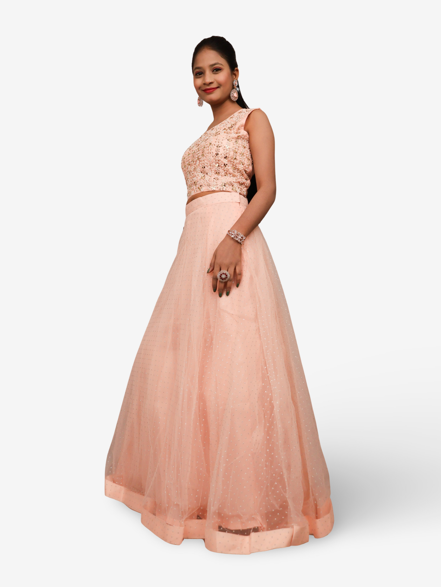 Lehenga Choli Set with Golden Mirror Stone & Pearl Work by Shreekama Peach Designer Lehenga for Party Festival Wedding Occasion in Noida