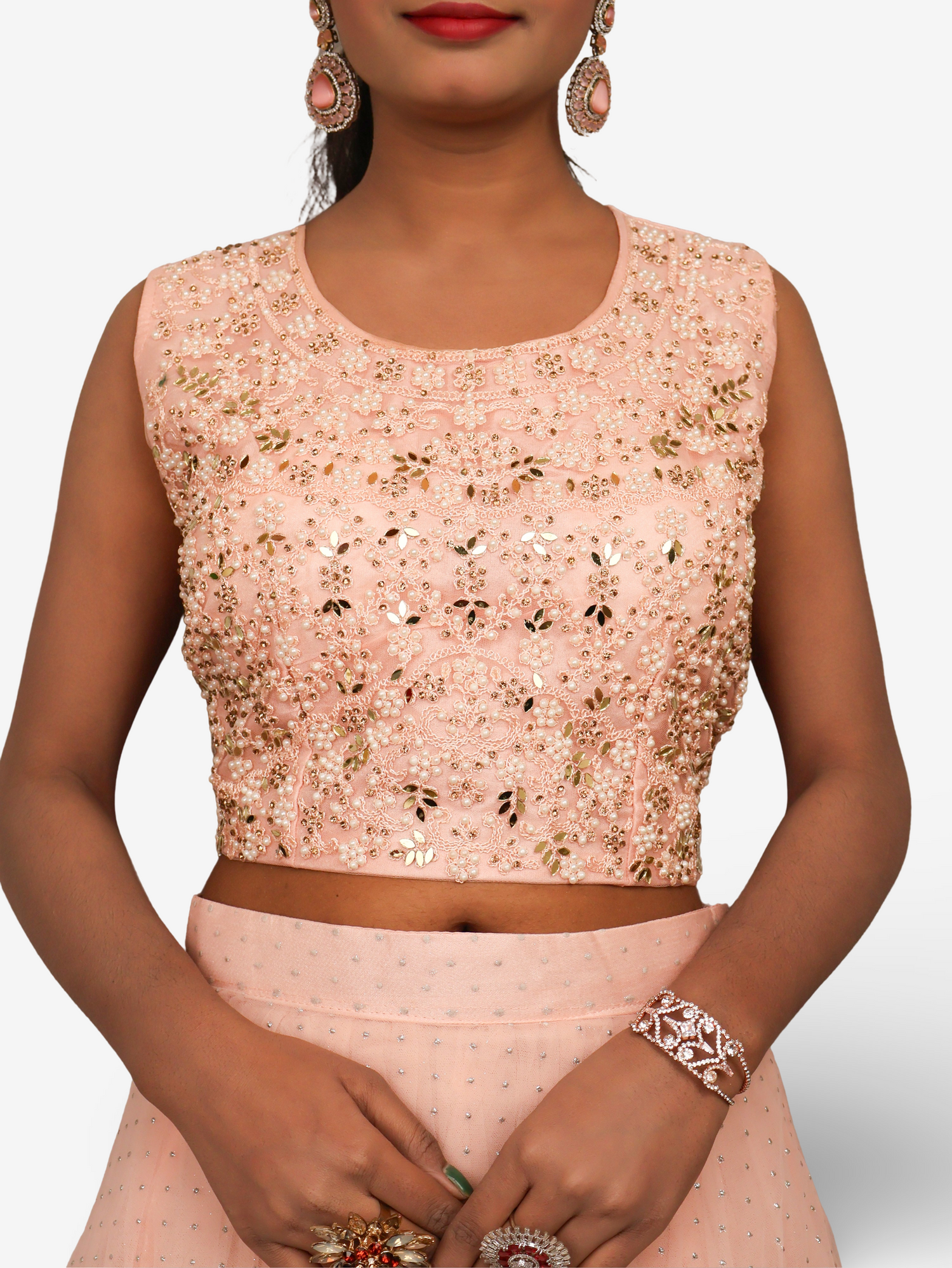 Lehenga Choli Set with Golden Mirror Stone & Pearl Work by Shreekama Peach Designer Lehenga for Party Festival Wedding Occasion in Noida