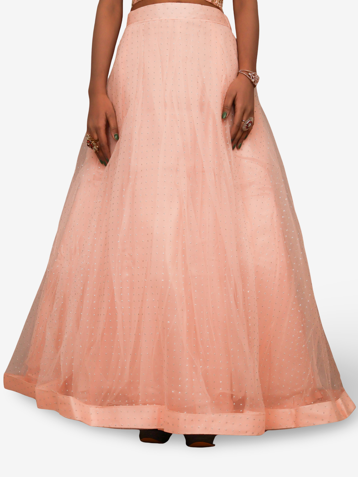 Lehenga Choli Set with Golden Mirror Stone & Pearl Work by Shreekama Peach Designer Lehenga for Party Festival Wedding Occasion in Noida