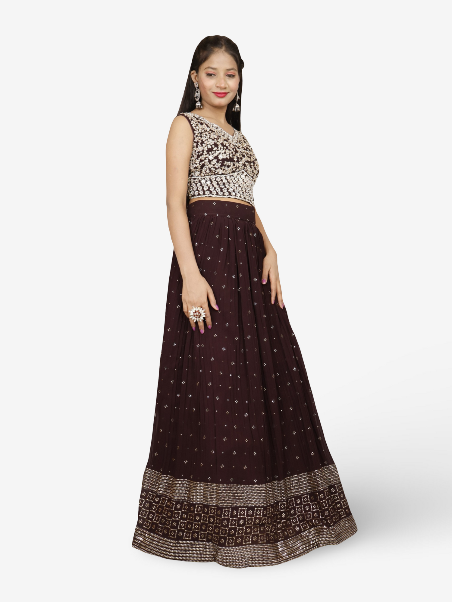 Designer Lehenga & choli with dupatta for Women by Shreekama Dark Brown Designer Lehenga for Party Festival Wedding Occasion in Noida