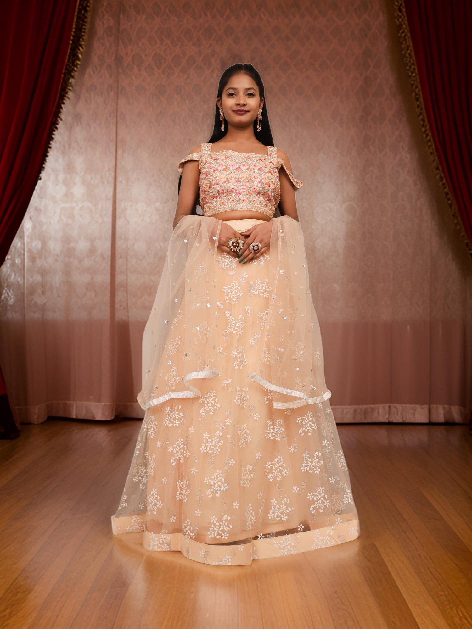 Cold Shoulder Lehenga Choli Set with Stone & Embroidery by Shreekama Beige Designer Lehenga for Party Festival Wedding Occasion in Noida