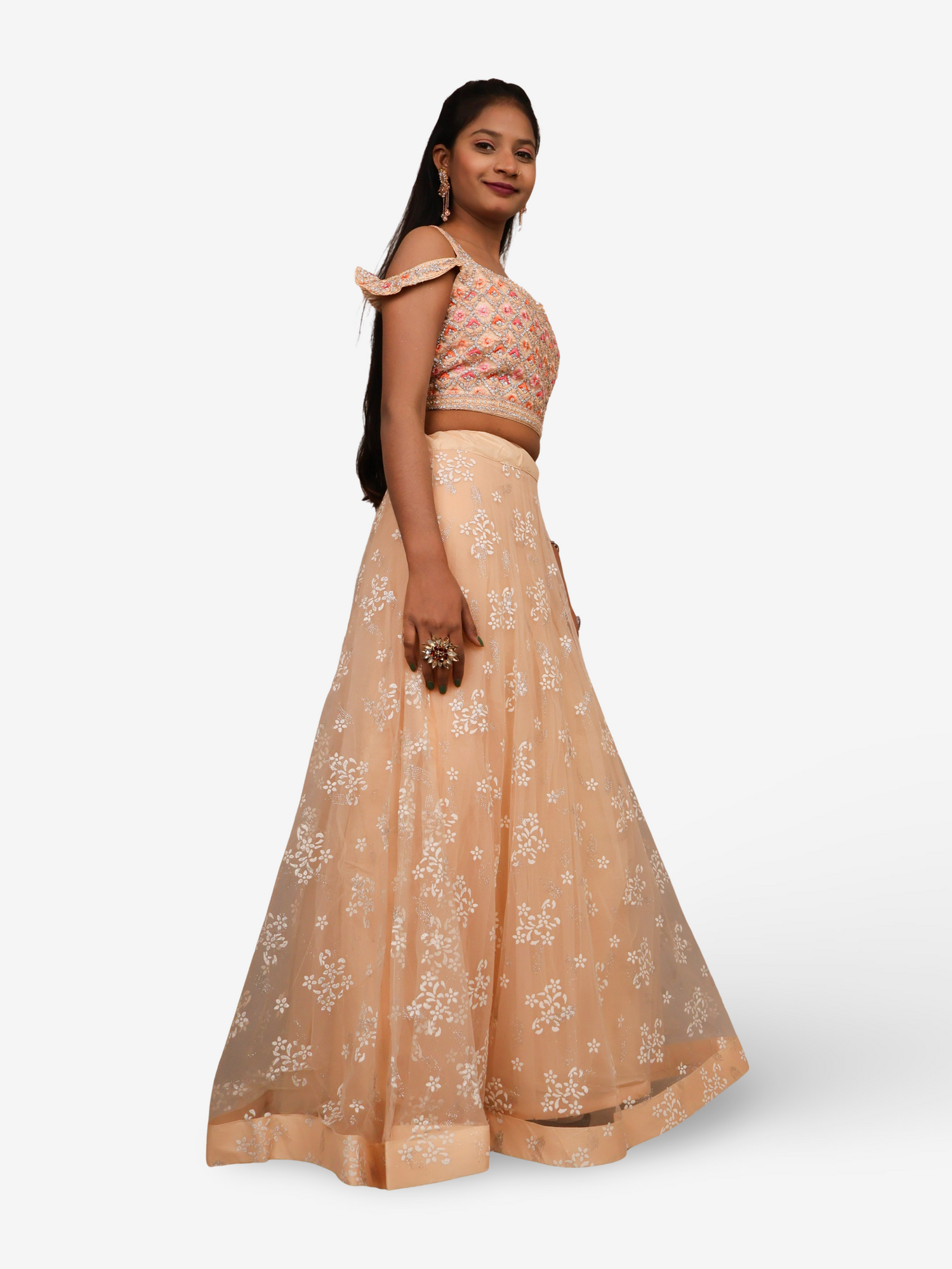 Cold Shoulder Lehenga Choli Set with Stone & Embroidery by Shreekama Beige Designer Lehenga for Party Festival Wedding Occasion in Noida